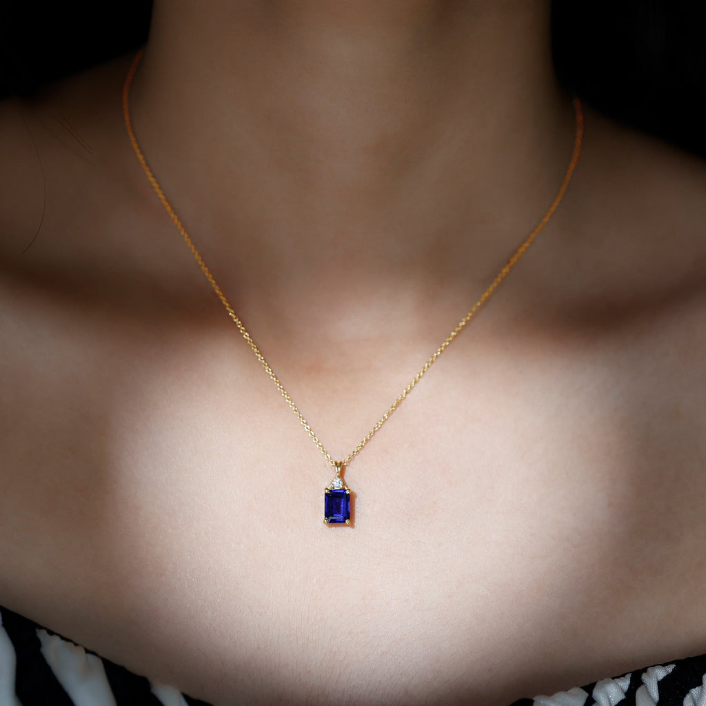 Certified Lab Created Blue Sapphire Emerald Cut Necklace with Chain