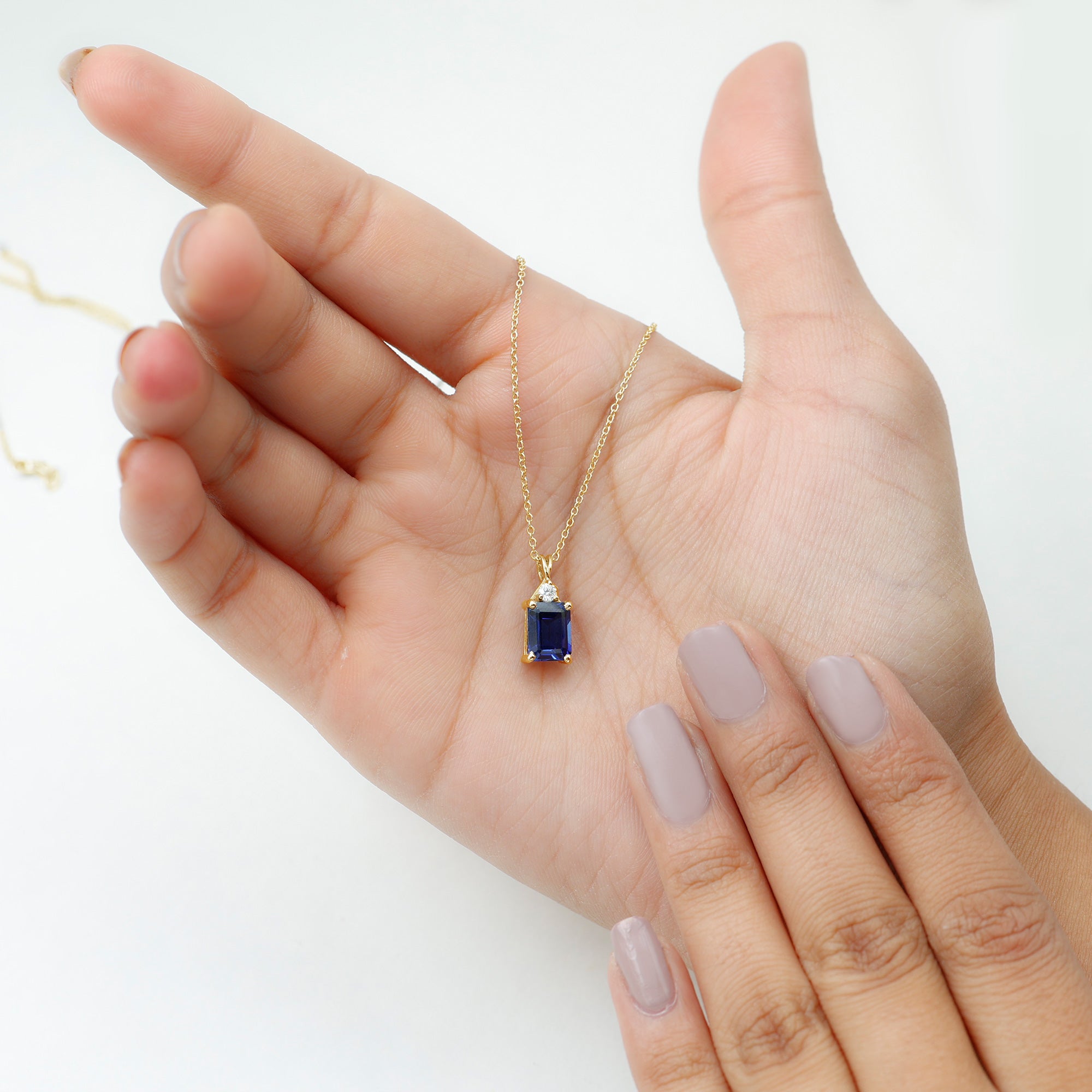 Certified Lab Created Blue Sapphire Emerald Cut Necklace with Chain