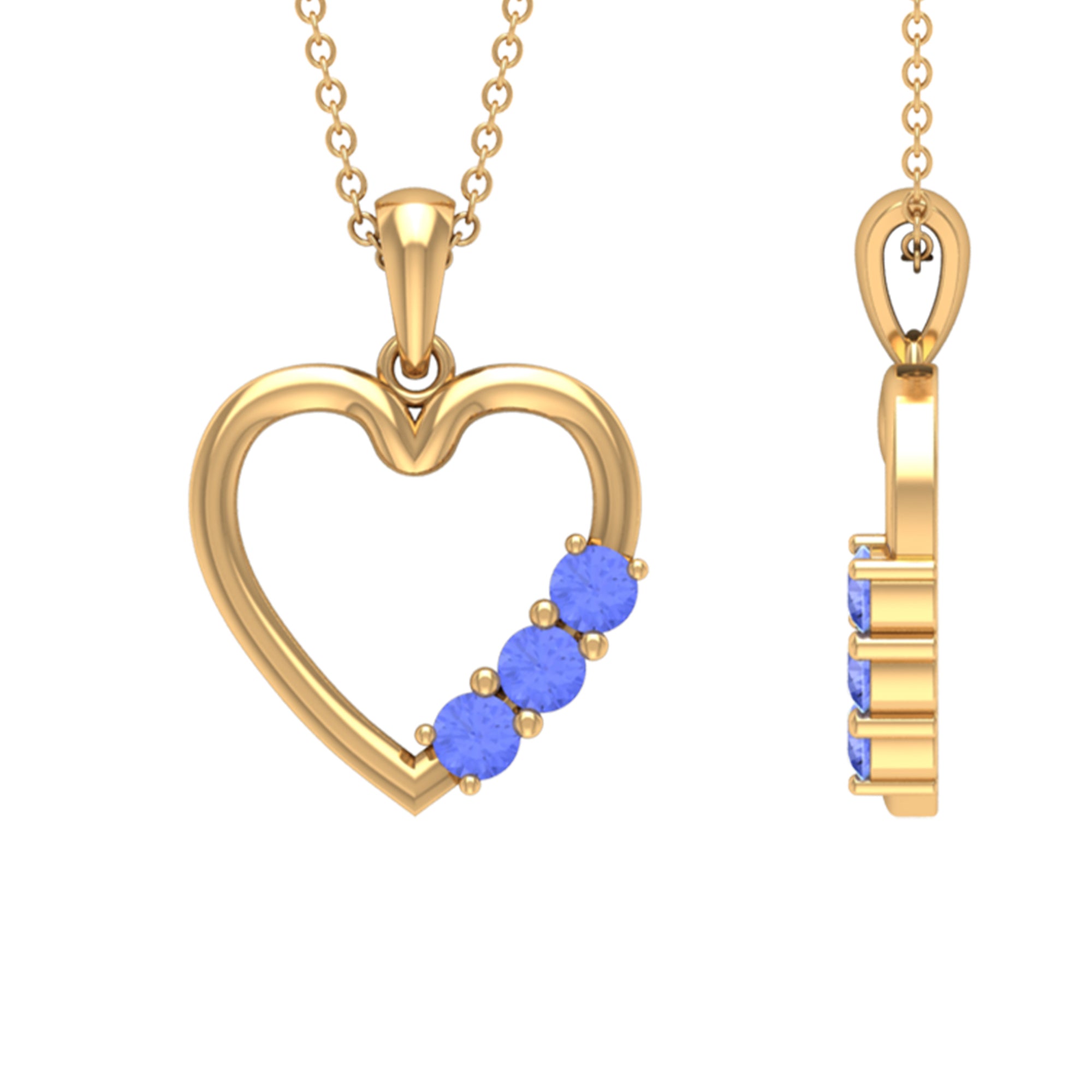 1/2 CT Tanzanite Three Stone Gold Heart Pendant