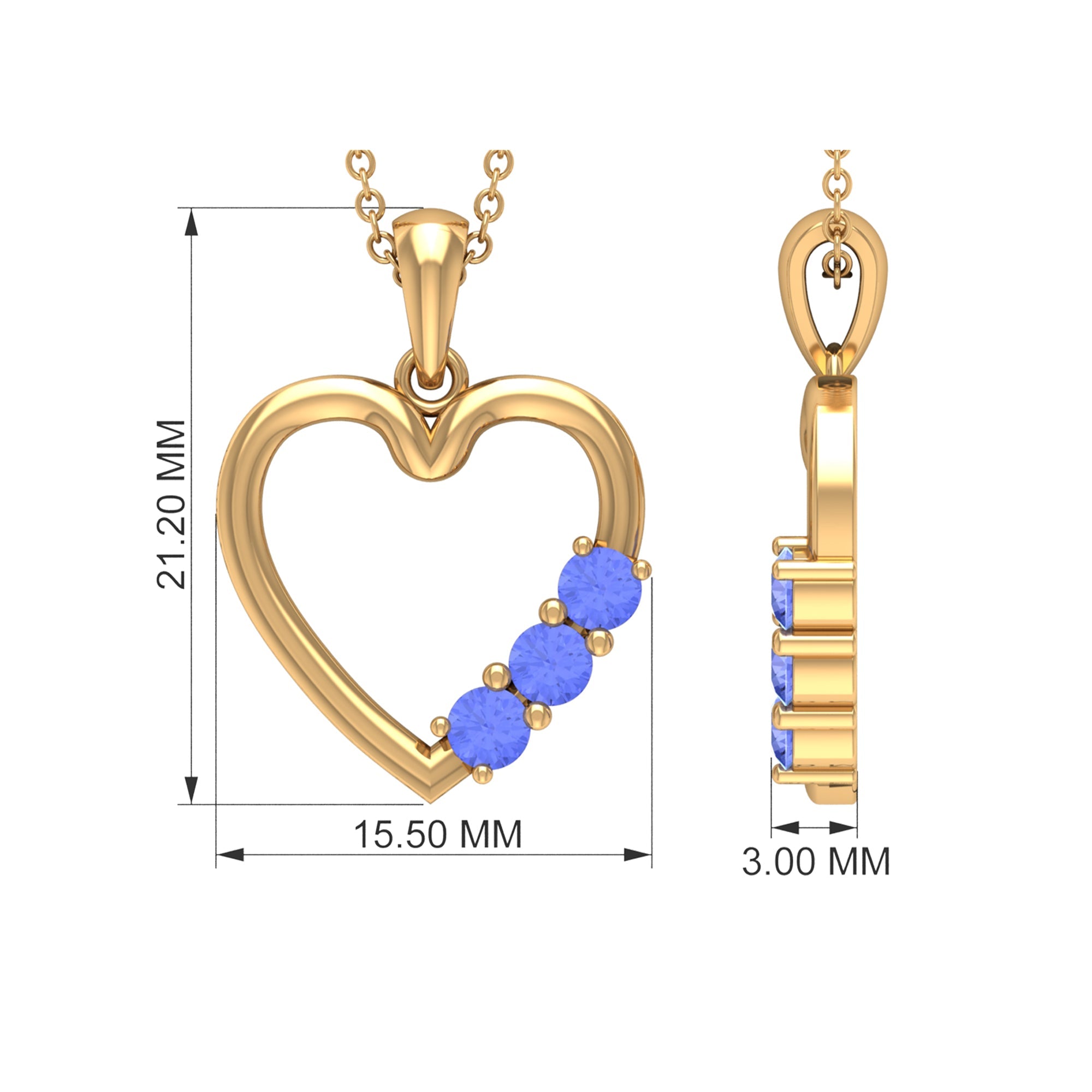 1/2 CT Tanzanite Three Stone Gold Heart Pendant
