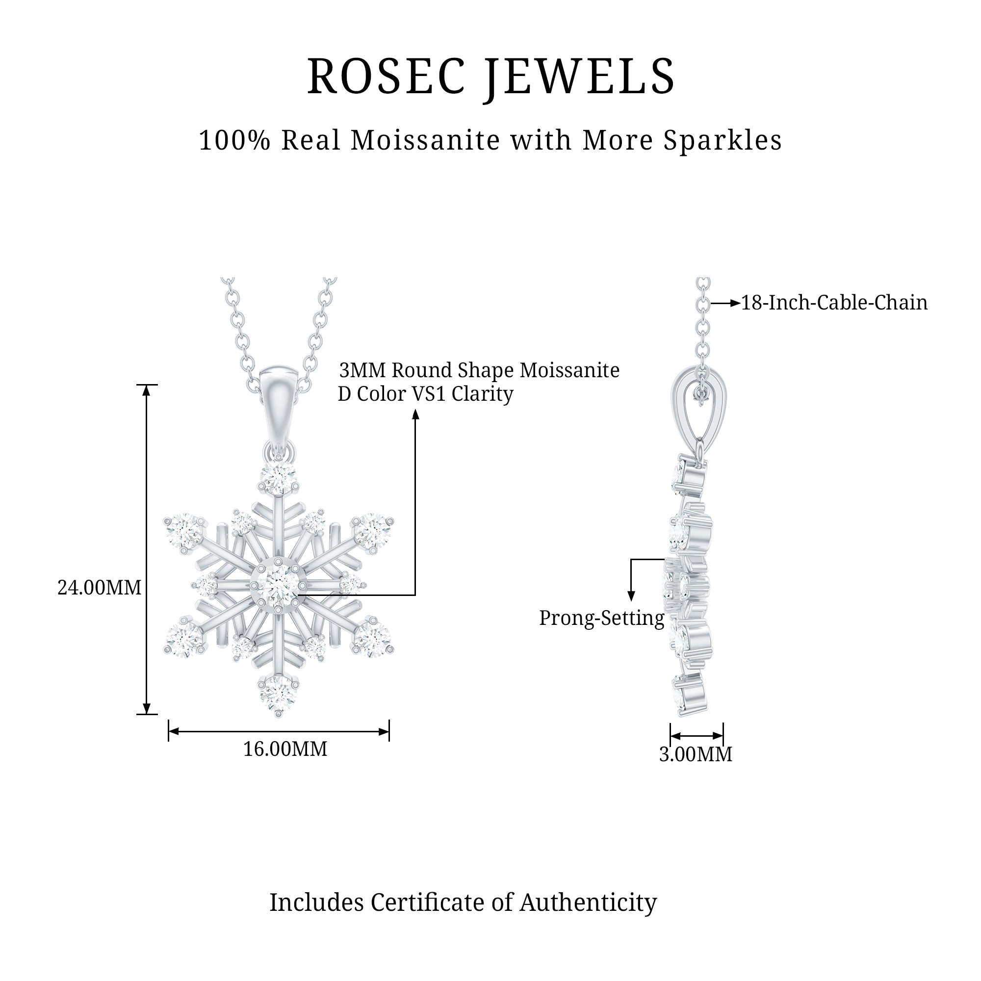 Certified Classic Moissanite Snowflake Pendant Necklace With Chain