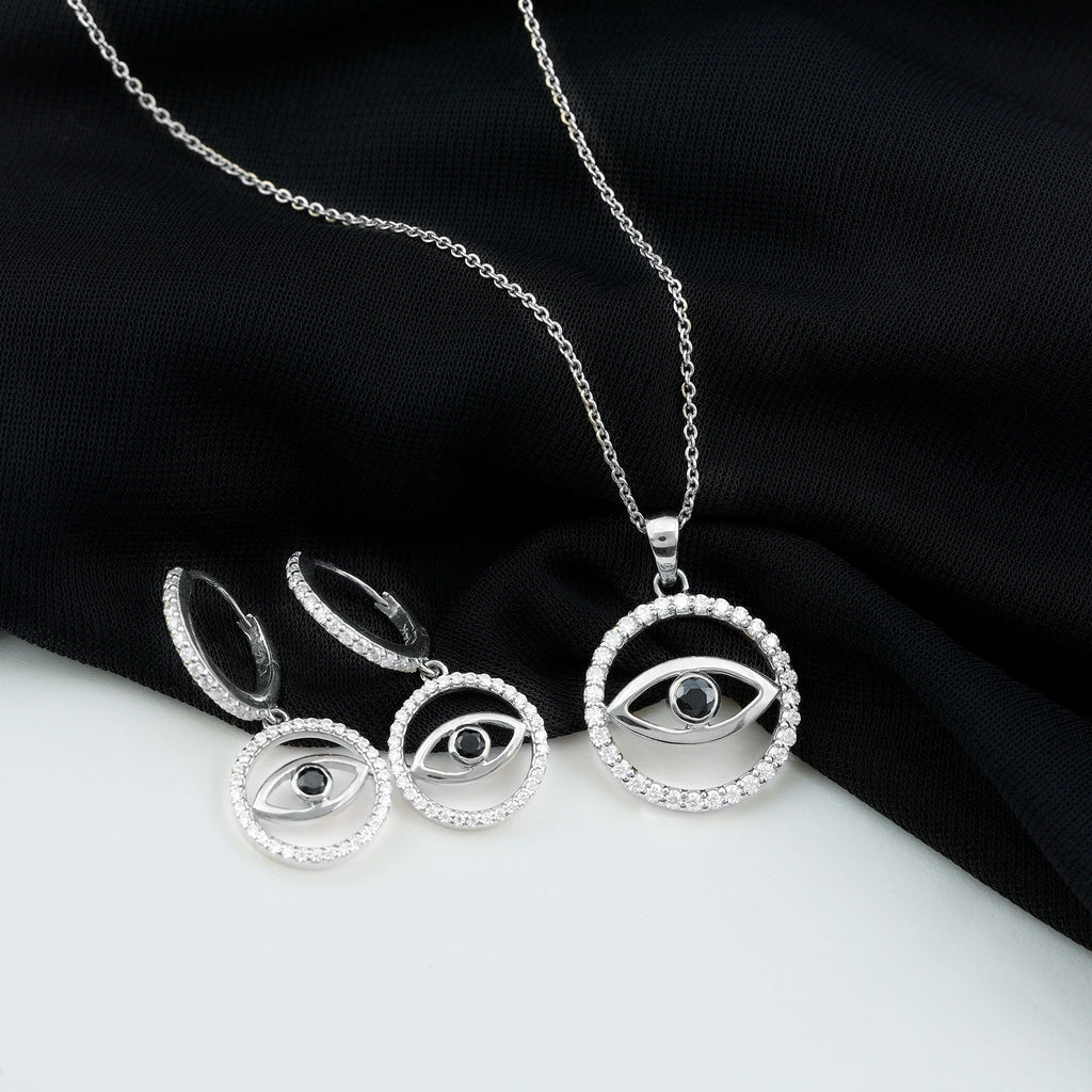 Black Onyx Evil Eye Necklace and Earrings Set with Certificate
