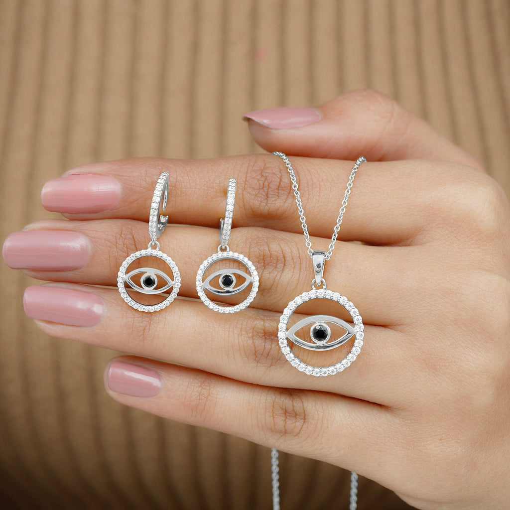 Black Onyx Evil Eye Necklace and Earrings Set with Certificate