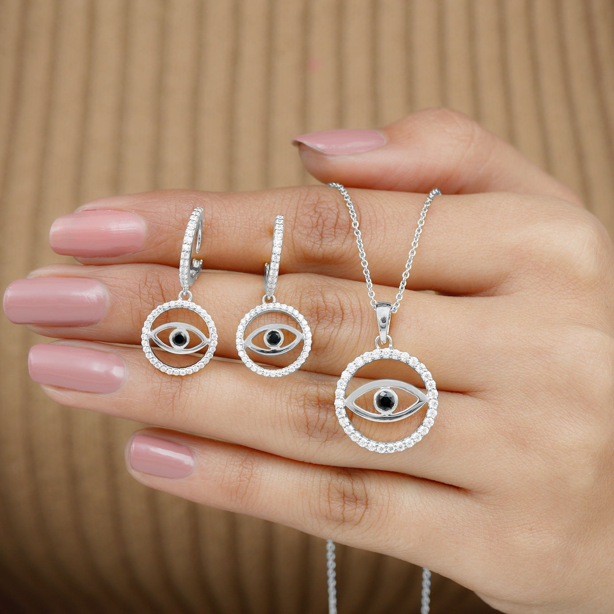 Black Onyx Evil Eye Necklace and Earrings Set with Certificate