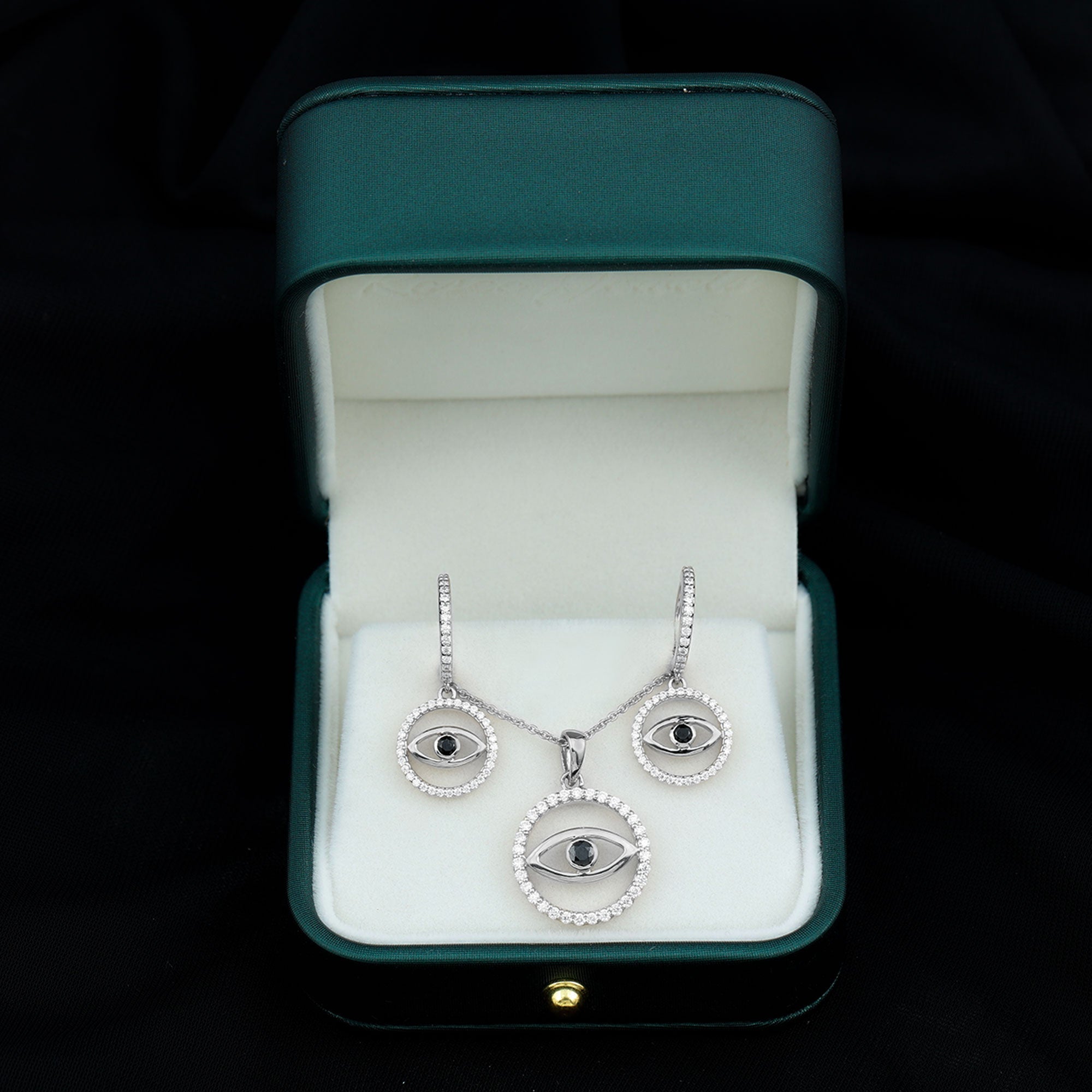 Black Onyx Evil Eye Necklace and Earrings Set with Certificate