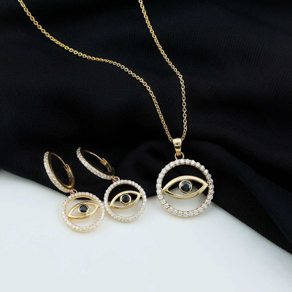 Black Onyx Evil Eye Necklace and Earrings Set with Certificate