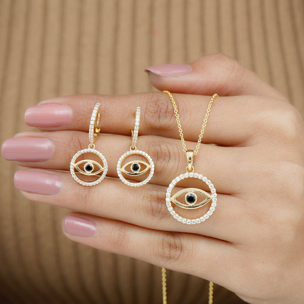 Black Onyx Evil Eye Necklace and Earrings Set with Certificate