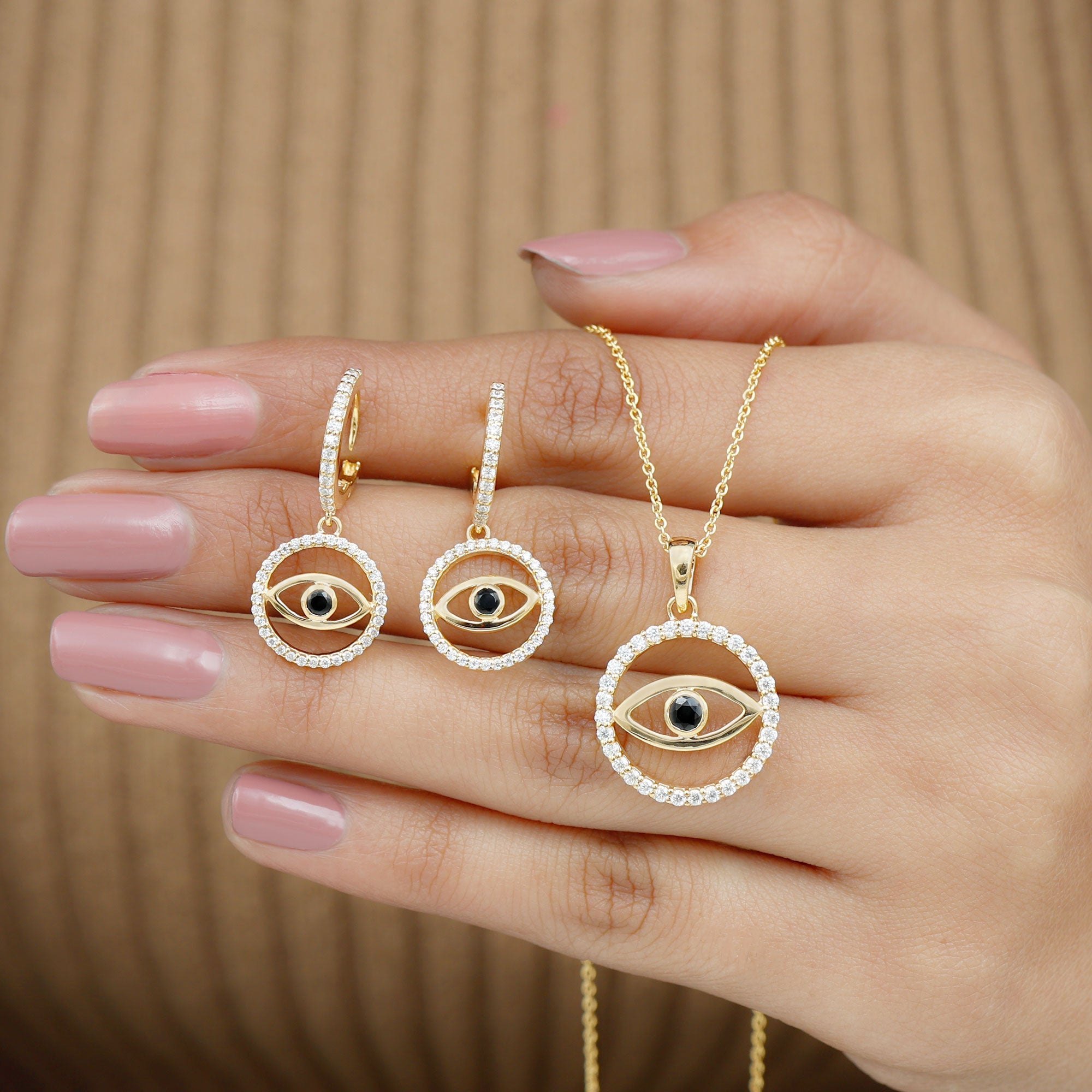 Black Onyx Evil Eye Necklace and Earrings Set with Certificate