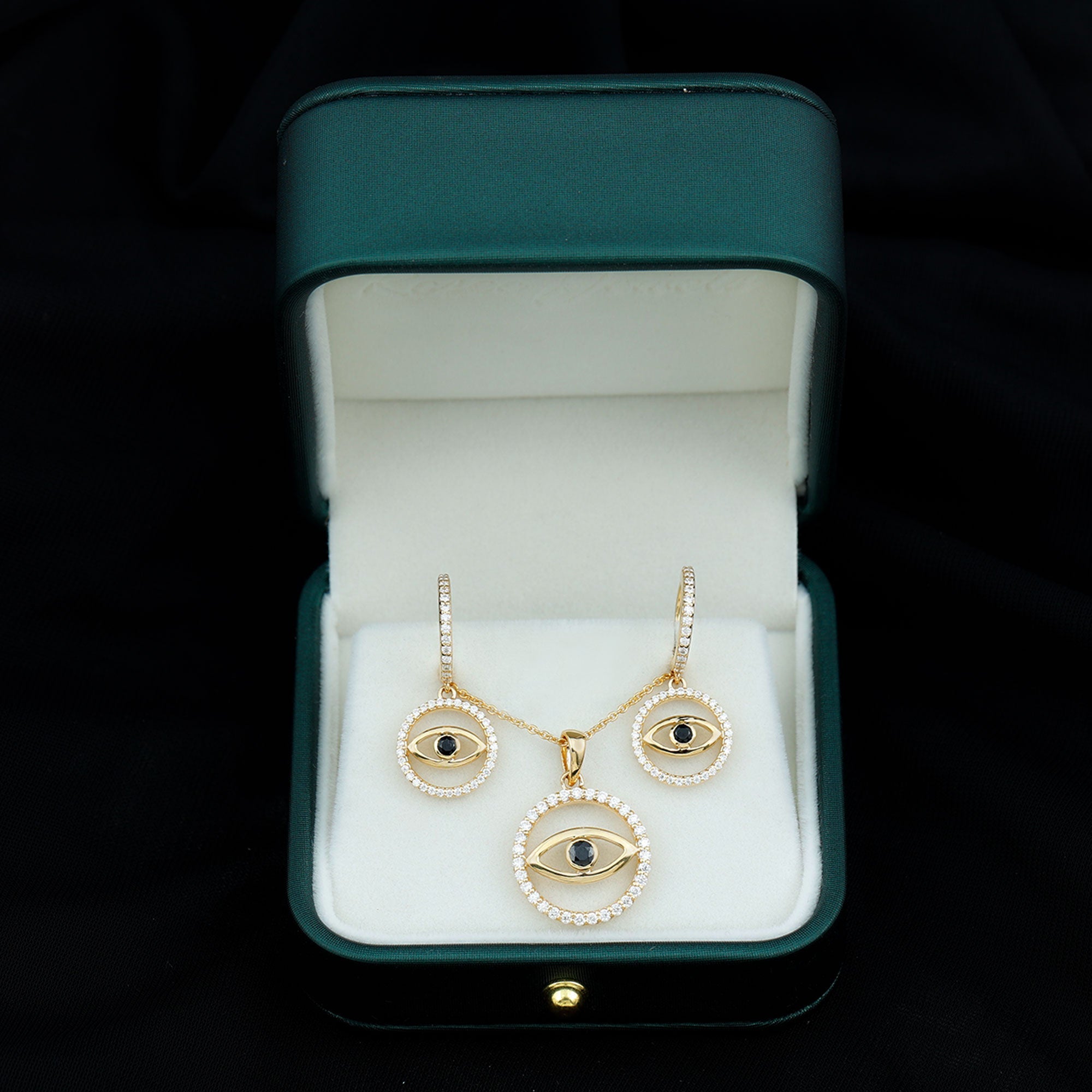 Black Onyx Evil Eye Necklace and Earrings Set with Certificate