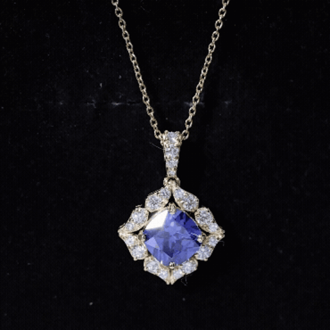 Cushion Cut Created Blue Sapphire Art Deco Pendant with Diamond Halo