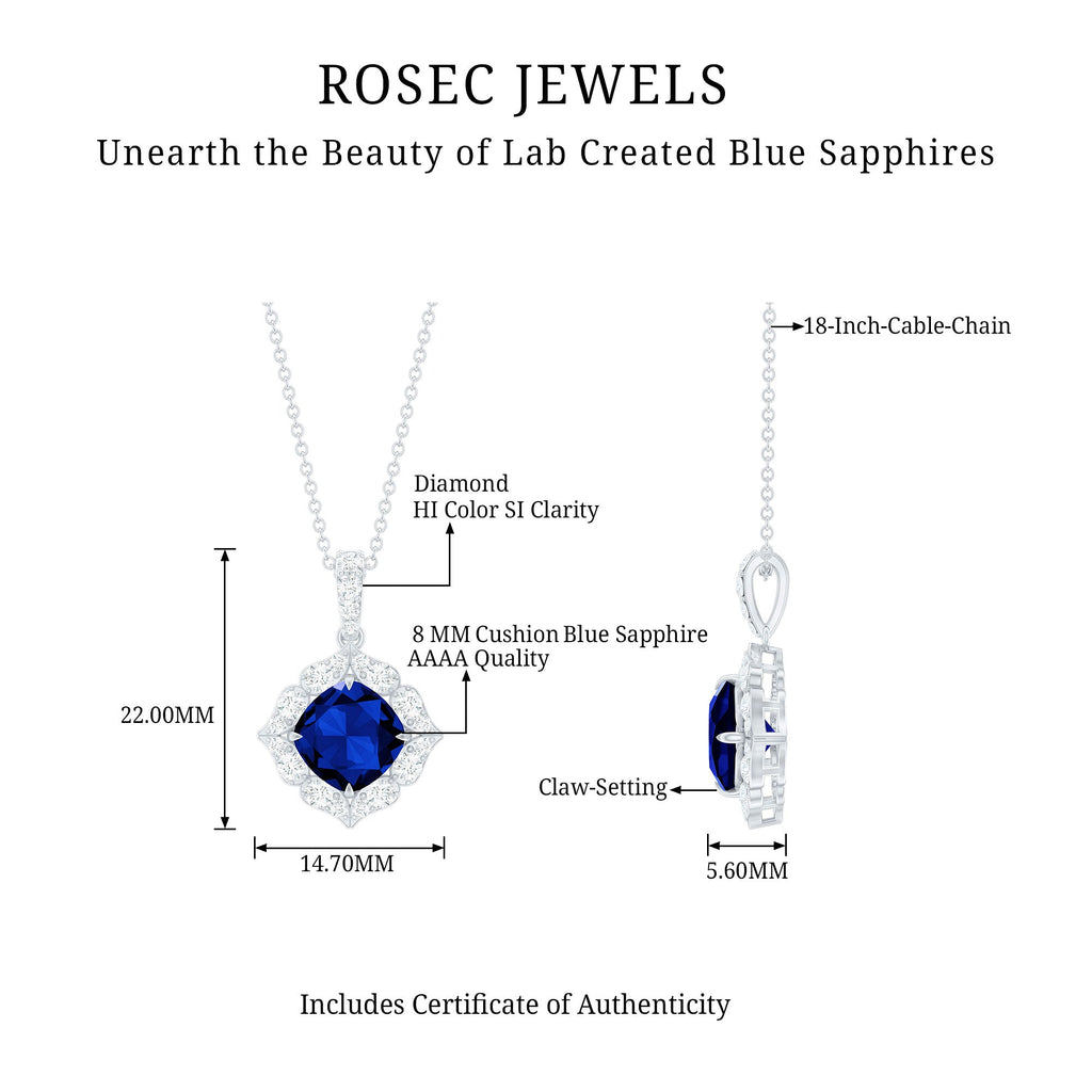 Cushion Cut Created Blue Sapphire Art Deco Pendant with Diamond Halo