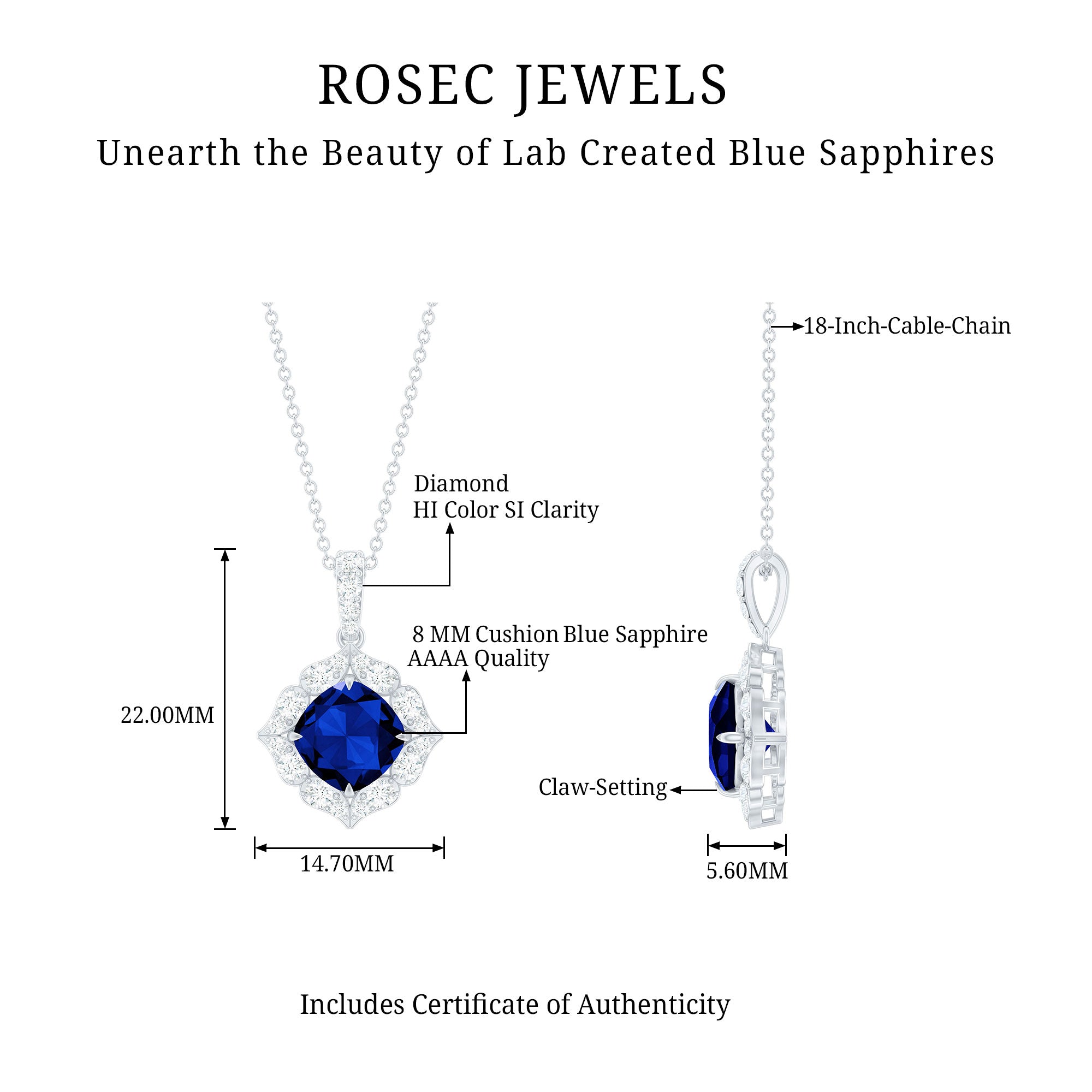 Cushion Cut Created Blue Sapphire Art Deco Pendant with Diamond Halo