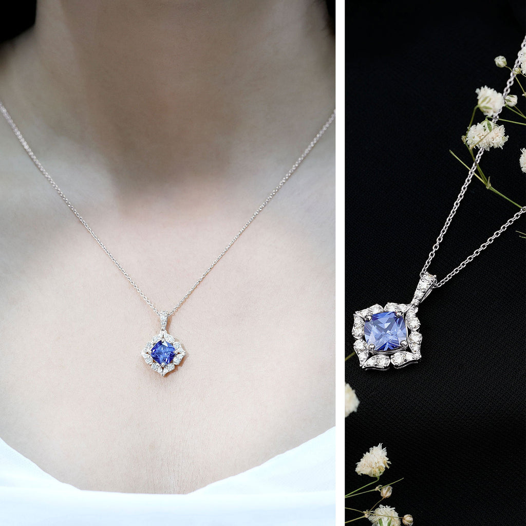 Cushion Cut Created Blue Sapphire Art Deco Pendant with Diamond Halo