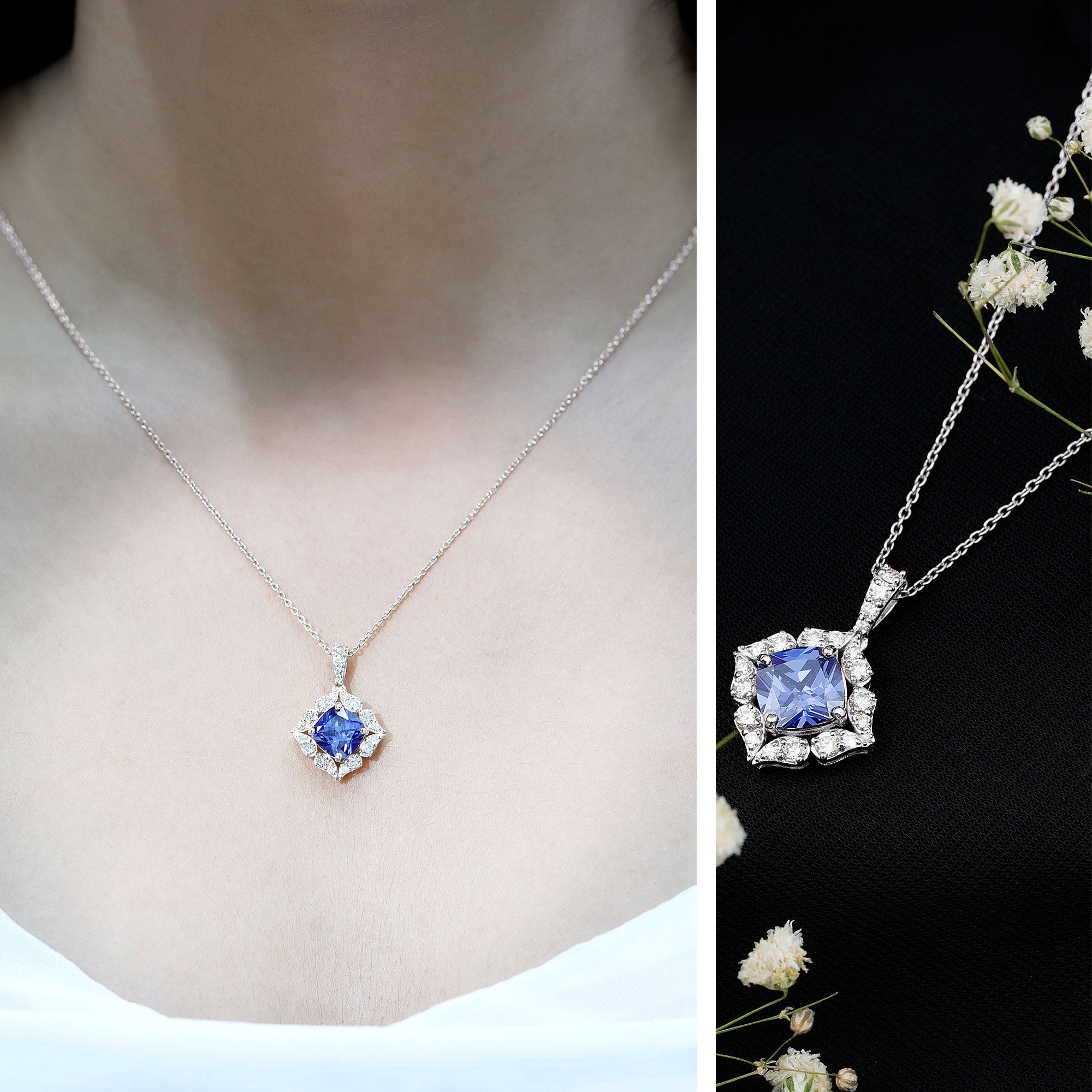 Cushion Cut Created Blue Sapphire Art Deco Pendant with Diamond Halo