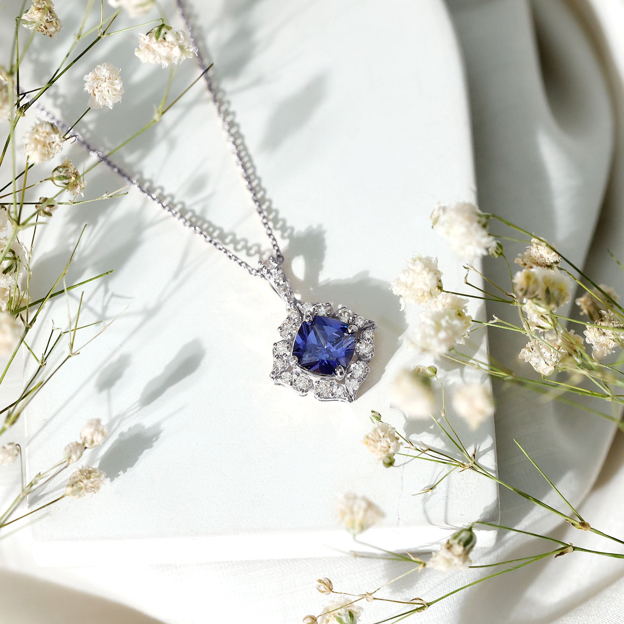 Cushion Cut Created Blue Sapphire Art Deco Pendant with Diamond Halo