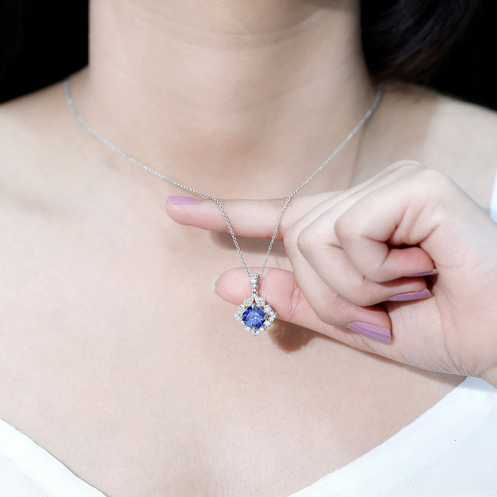 Cushion Cut Created Blue Sapphire Art Deco Pendant with Diamond Halo