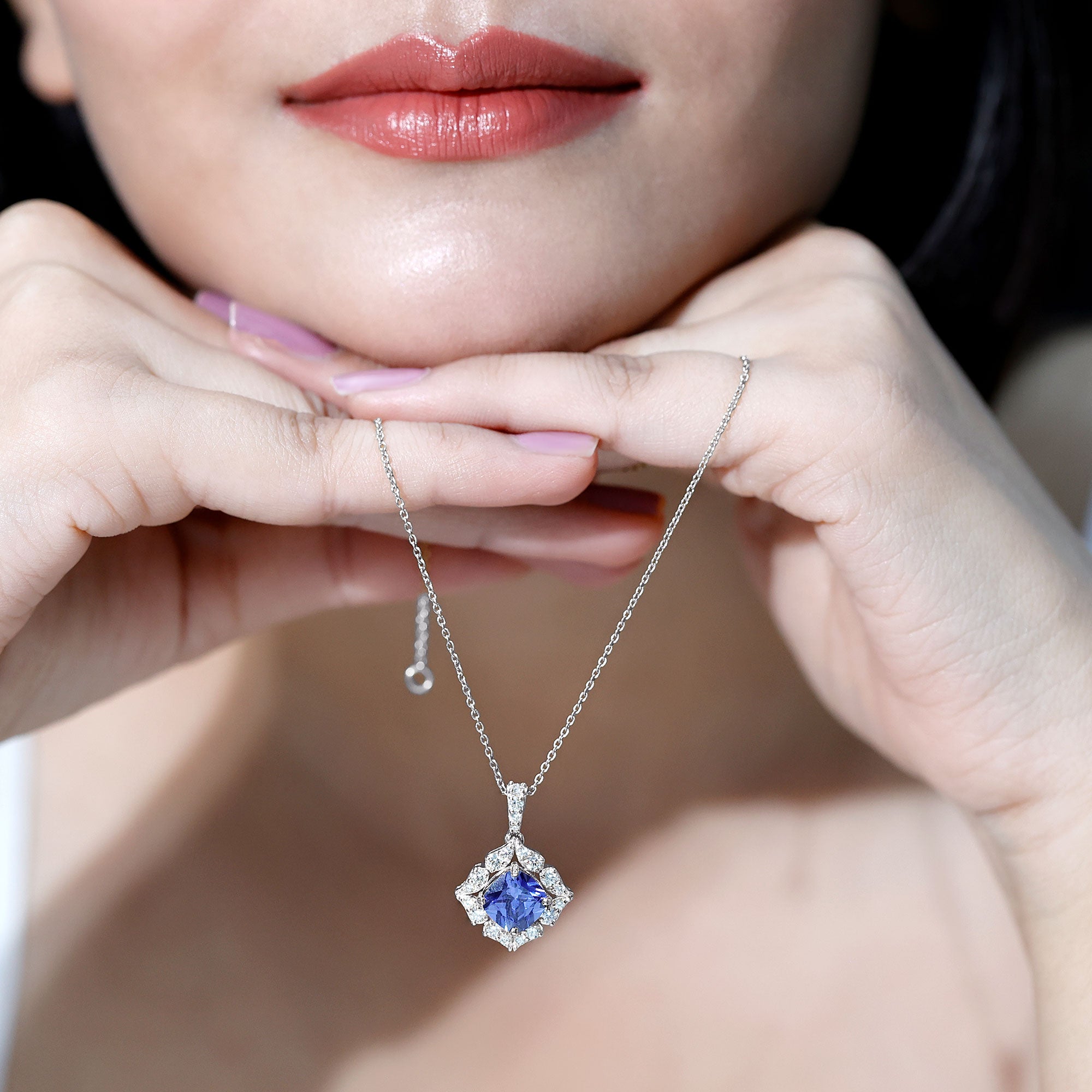 Cushion Cut Created Blue Sapphire Art Deco Pendant with Diamond Halo