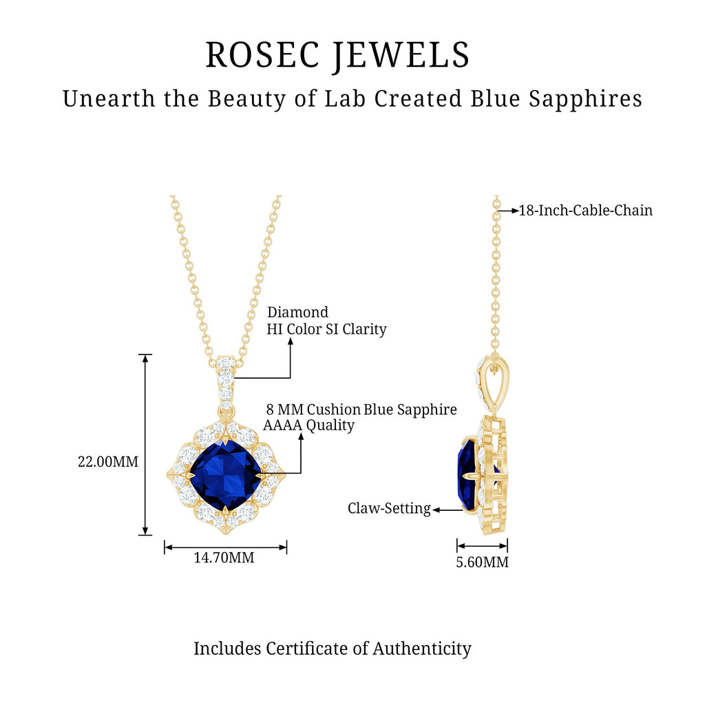 Cushion Cut Created Blue Sapphire Art Deco Pendant with Diamond Halo