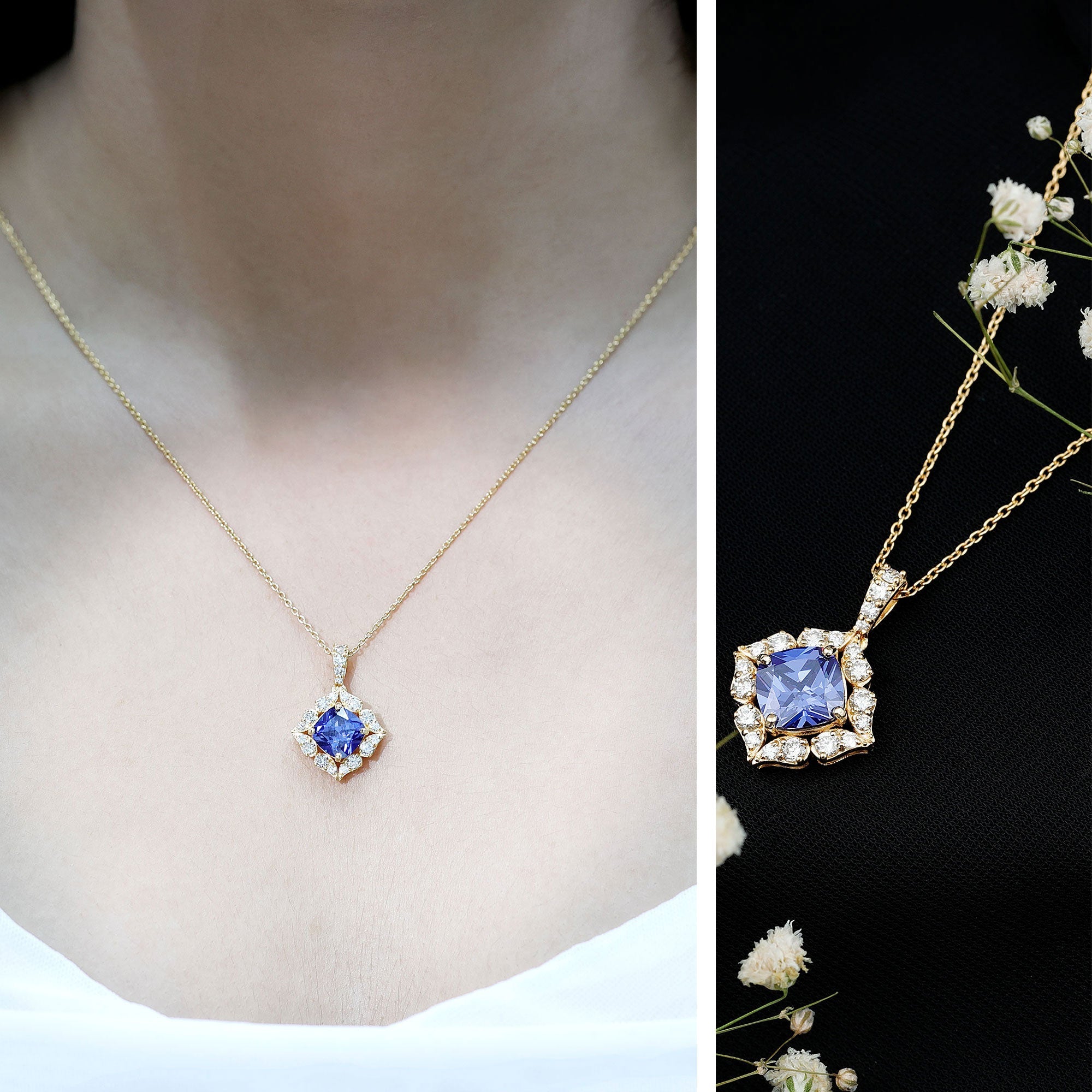 Cushion Cut Created Blue Sapphire Art Deco Pendant with Diamond Halo