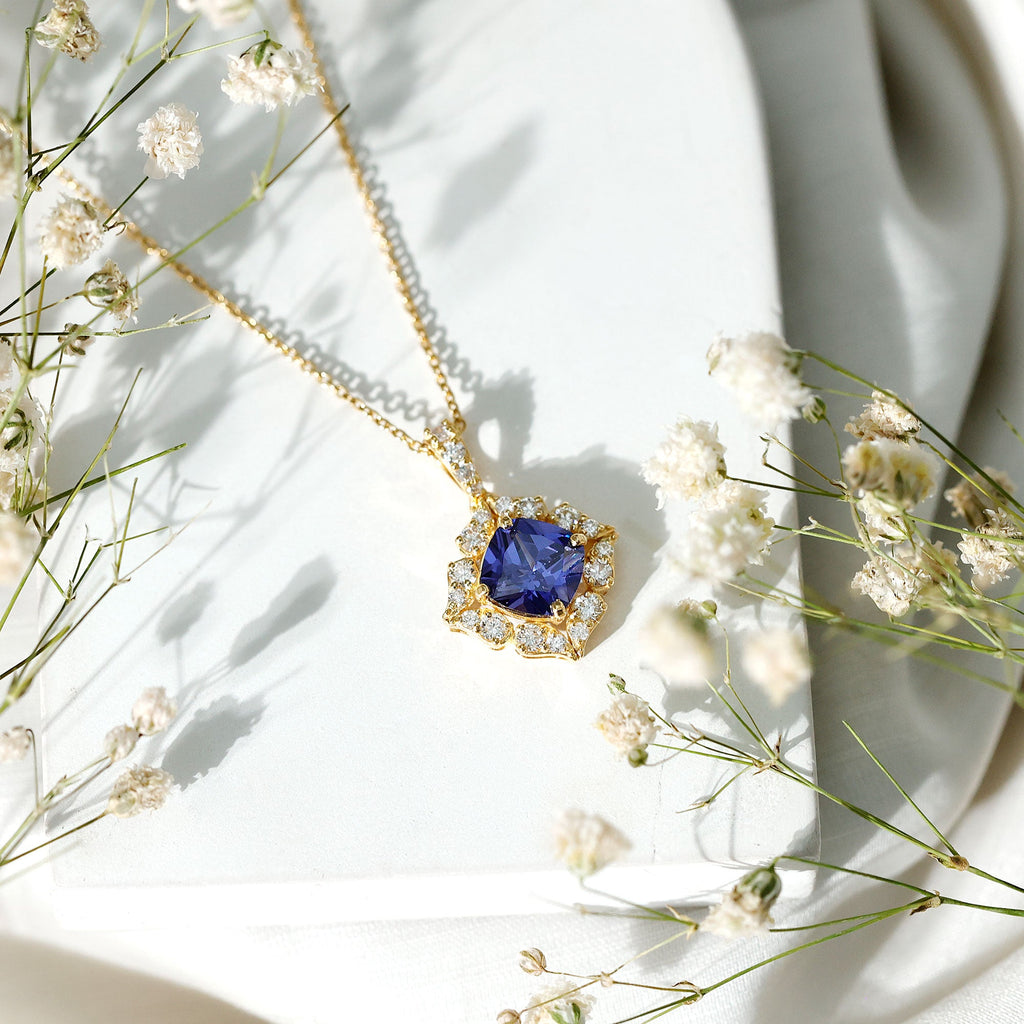 Cushion Cut Created Blue Sapphire Art Deco Pendant with Diamond Halo