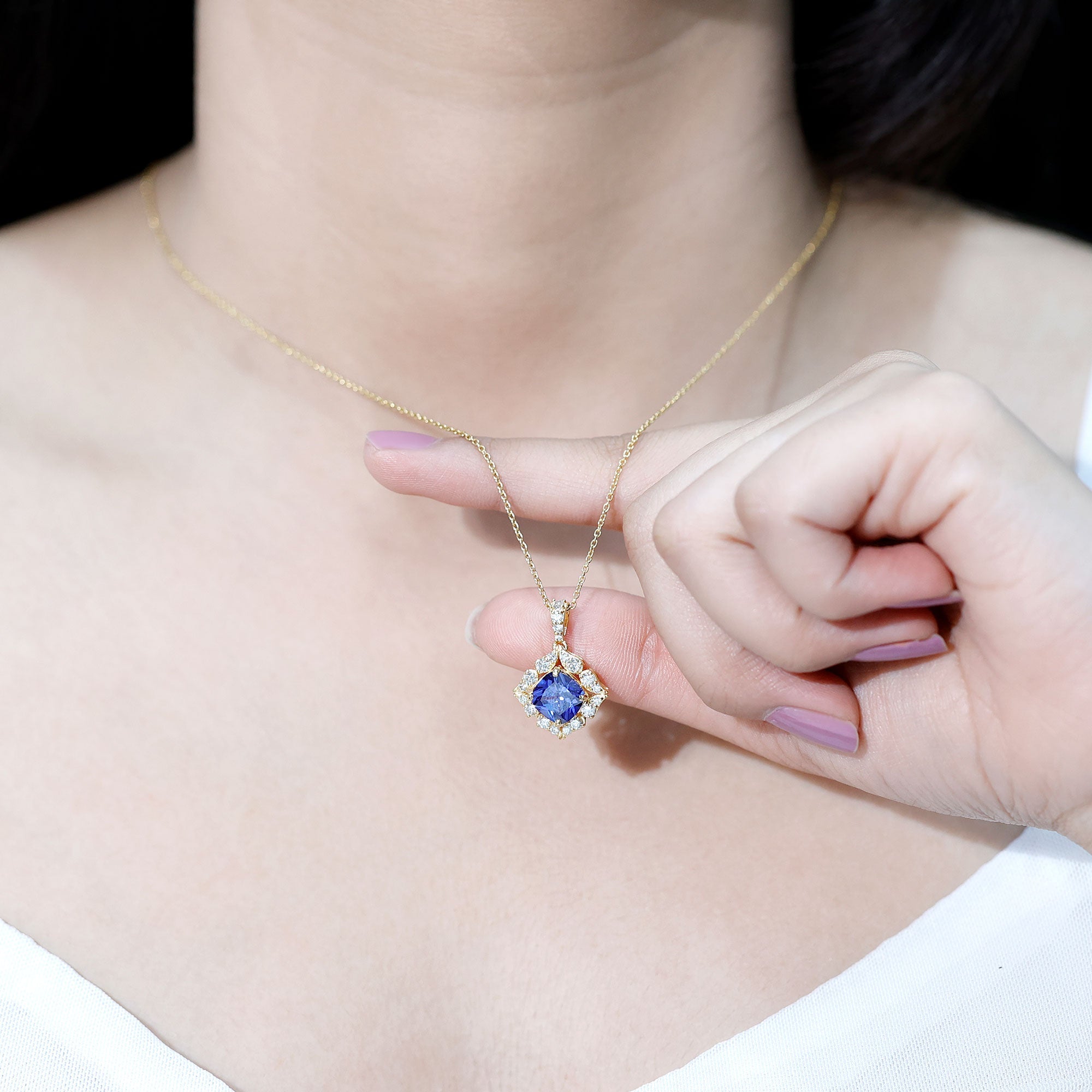 Cushion Cut Created Blue Sapphire Art Deco Pendant with Diamond Halo