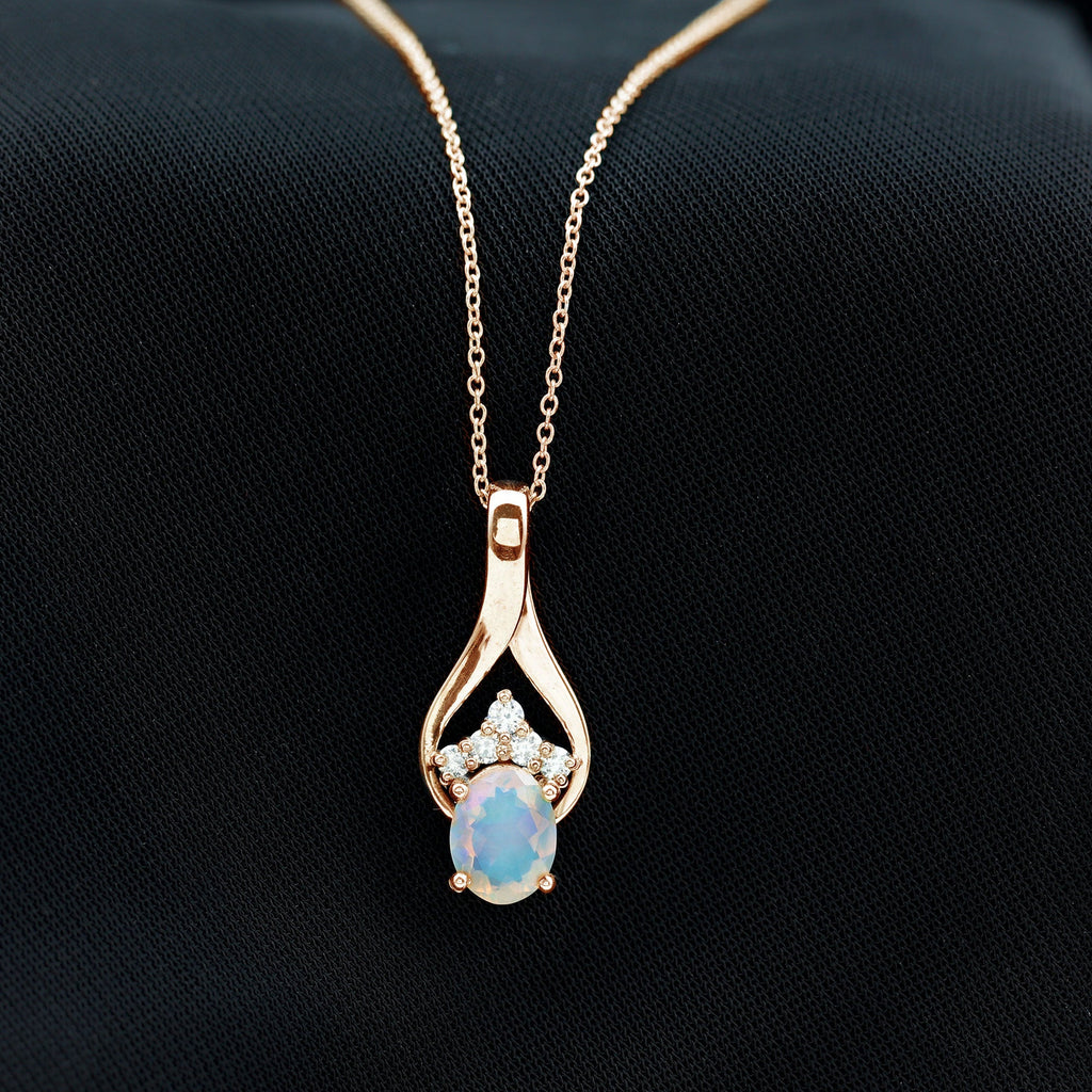 Natural Oval Ethiopian Opal and Moissanite Teardrop Necklace With Chain