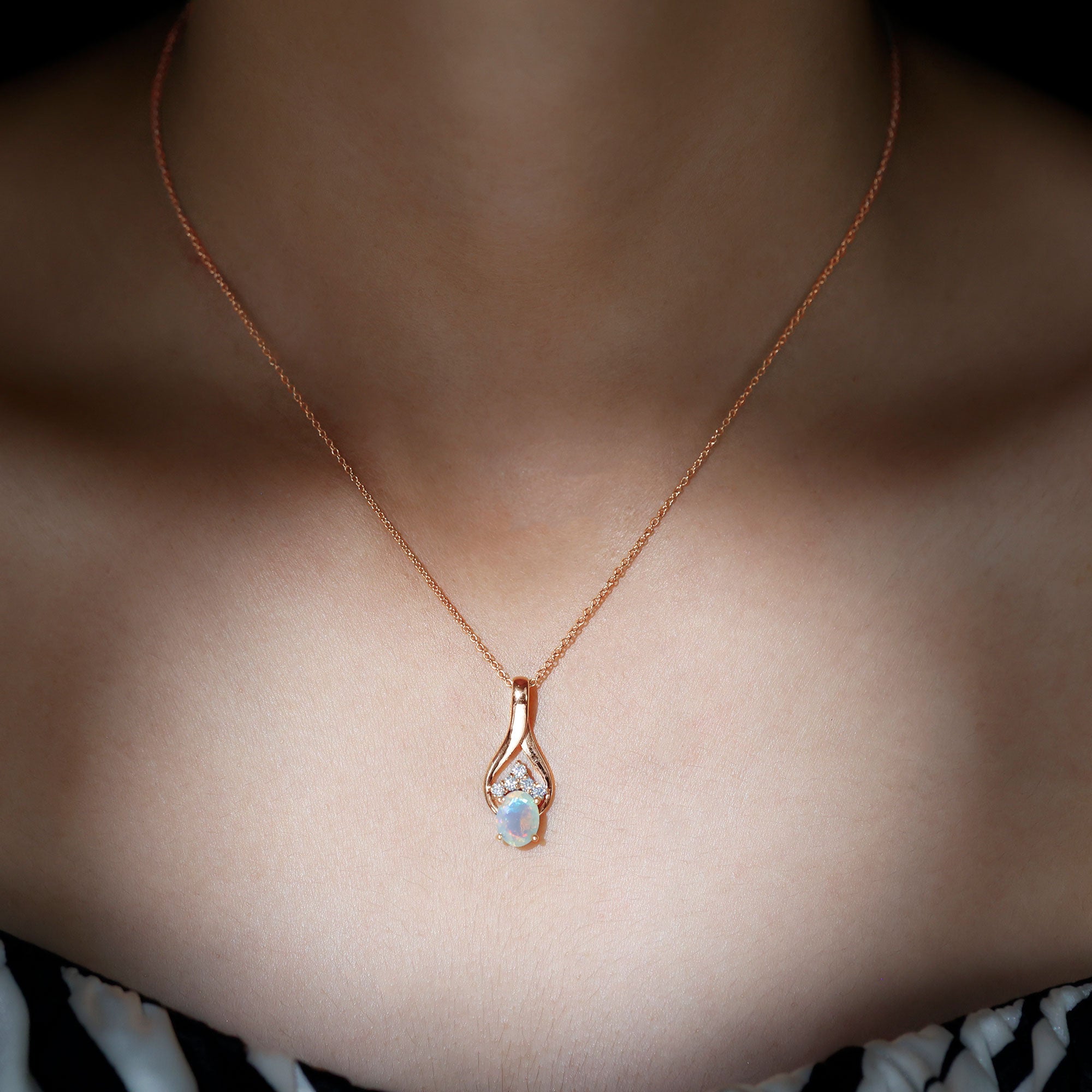 Natural Oval Ethiopian Opal and Moissanite Teardrop Necklace With Chain