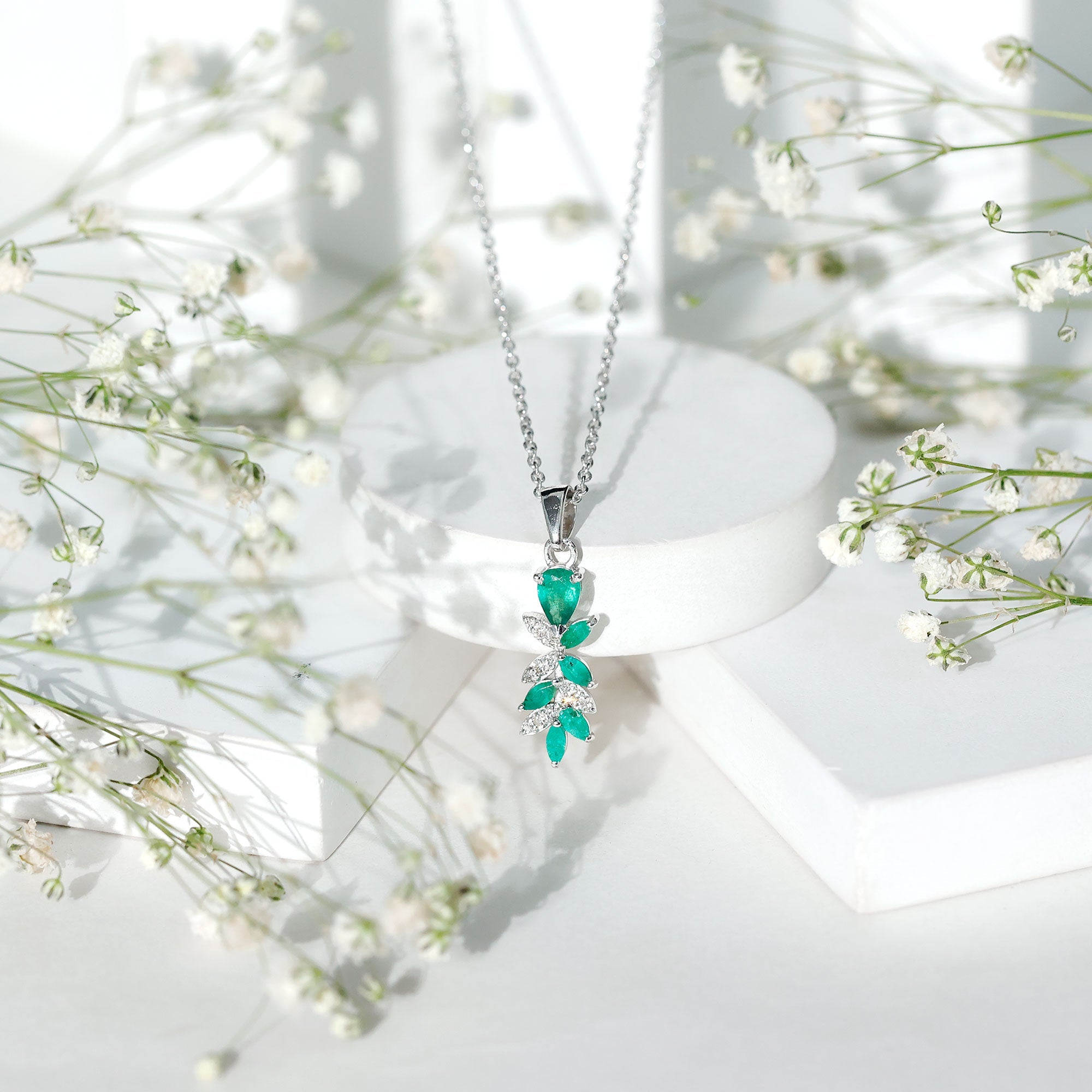 Designer Emerald and Diamond Leaf Pendant Necklace