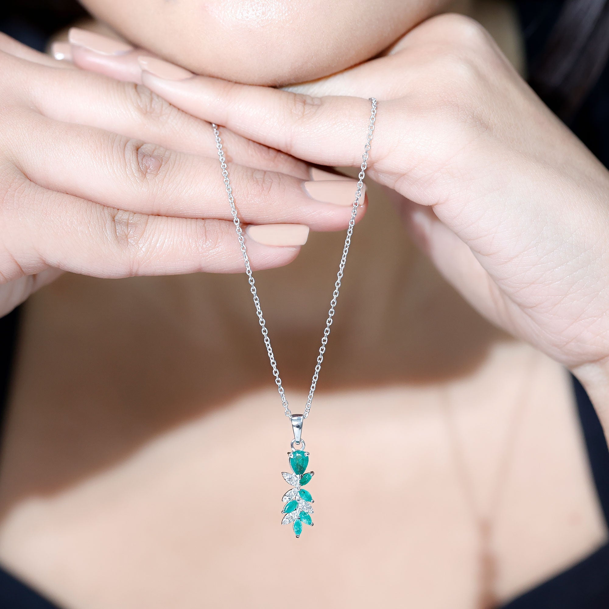 Designer Emerald and Diamond Leaf Pendant Necklace