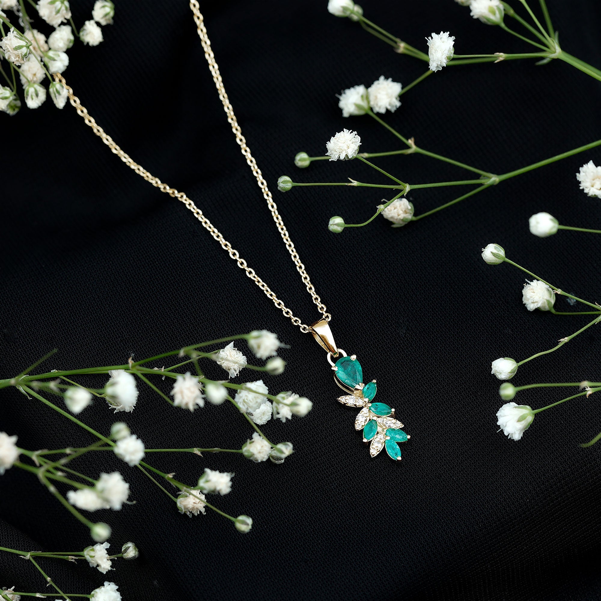 Designer Emerald and Diamond Leaf Pendant Necklace