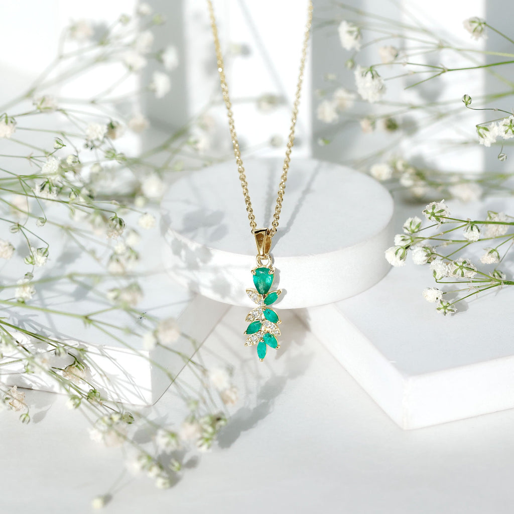 Designer Emerald and Diamond Leaf Pendant Necklace