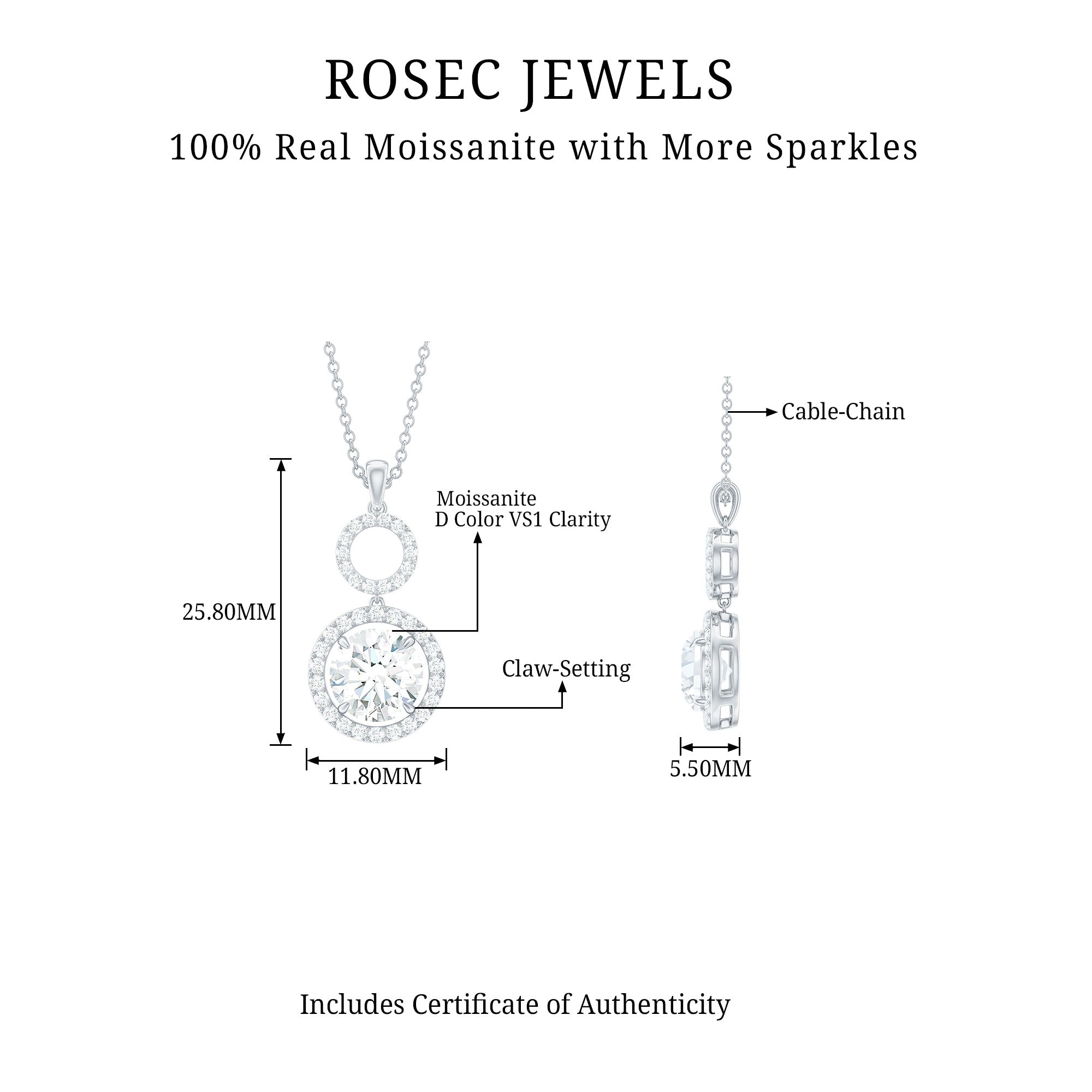 Claw Set Round Moissanite Halo Dangle Pendant Necklace