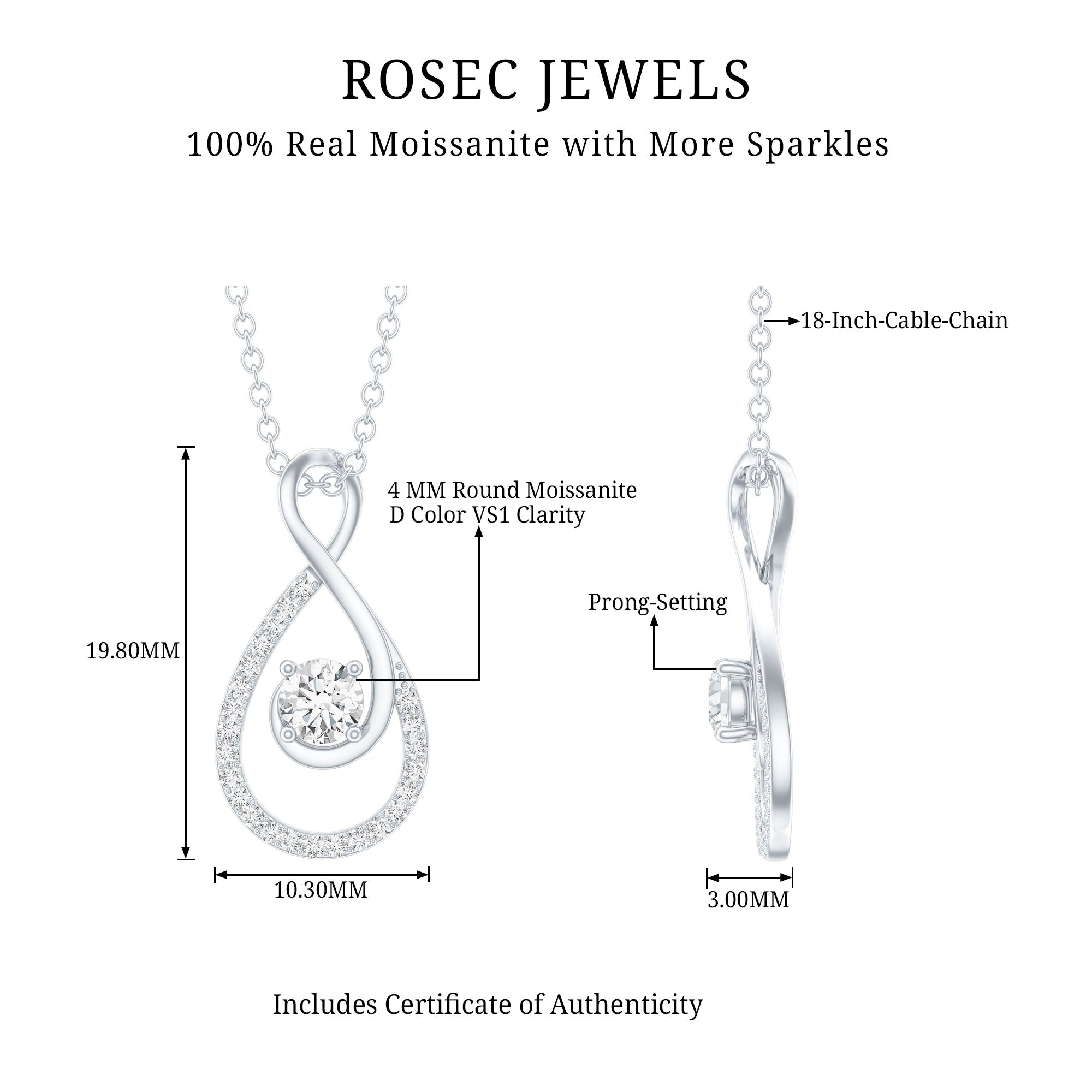 Certified Moissanite Silver Infinity Drop Pendant Necklace