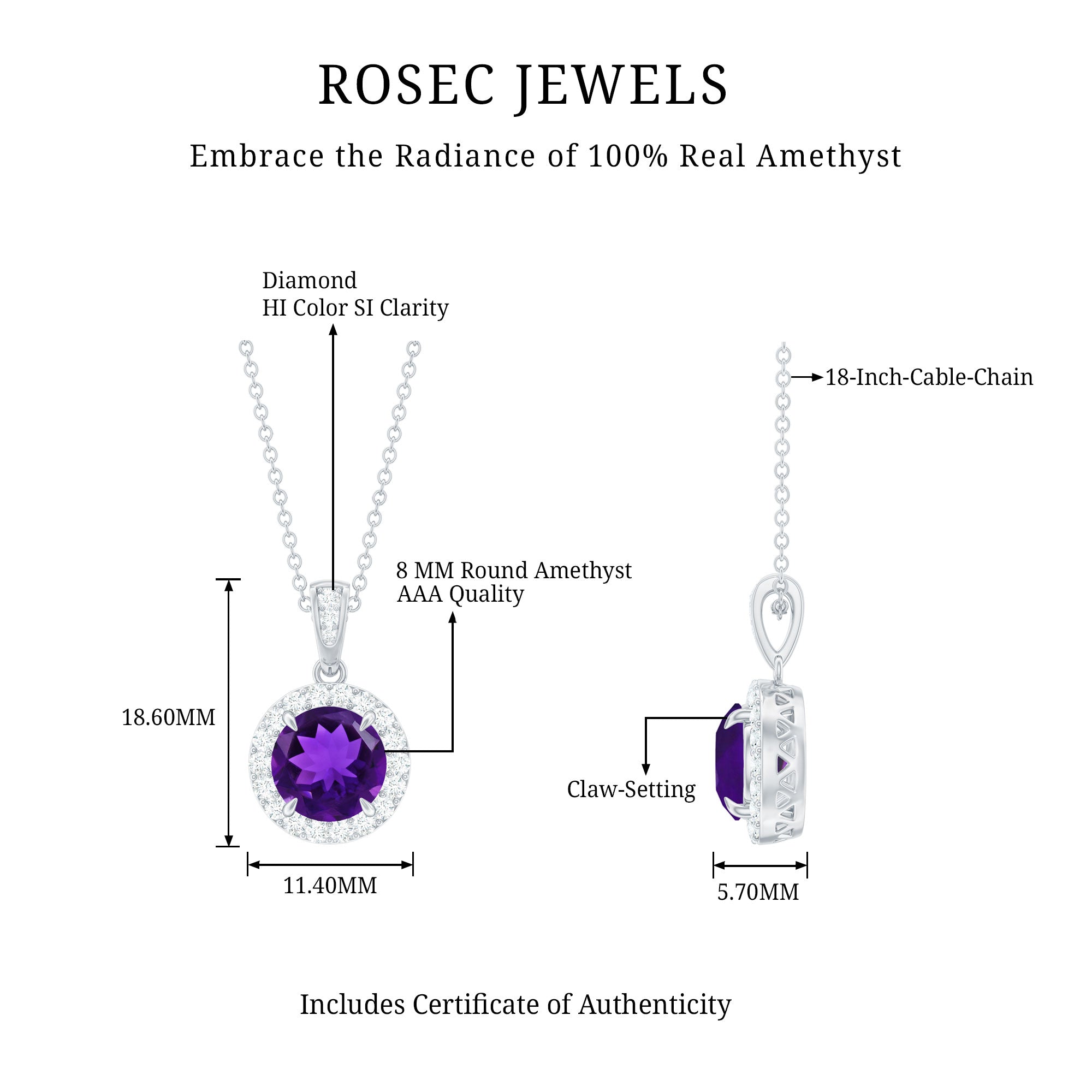 Natural 2 Carat Amethyst Pendant Necklace with Diamond Halo