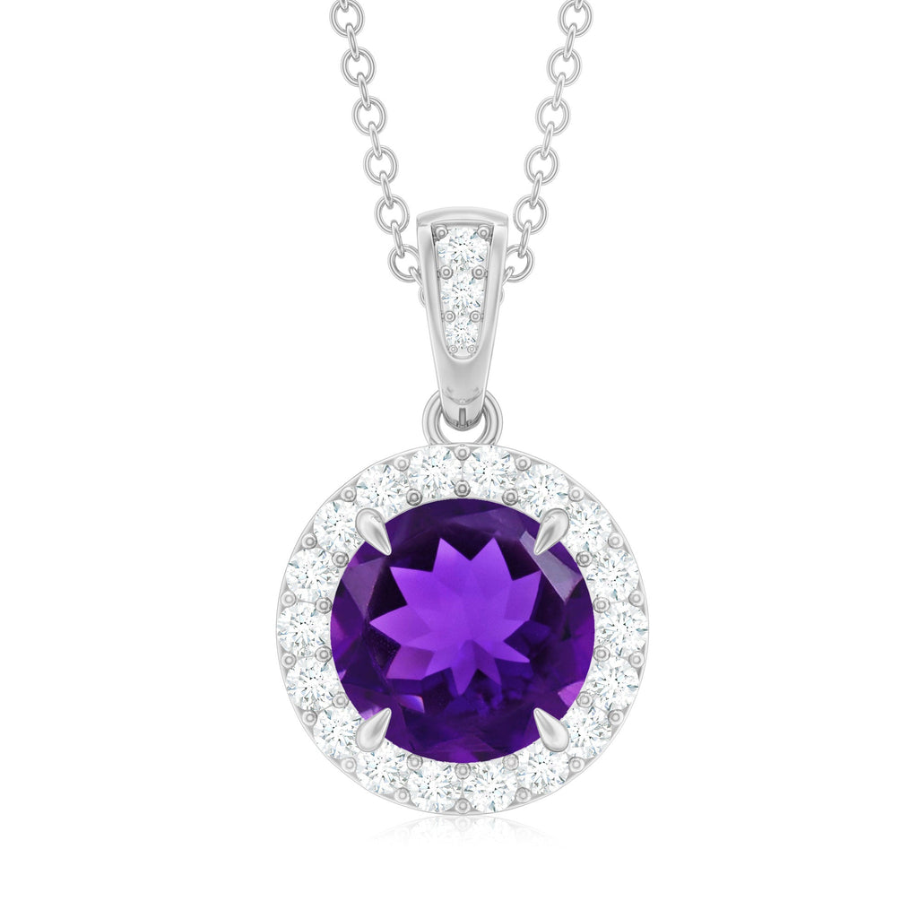 Natural 2 Carat Amethyst Pendant Necklace with Diamond Halo