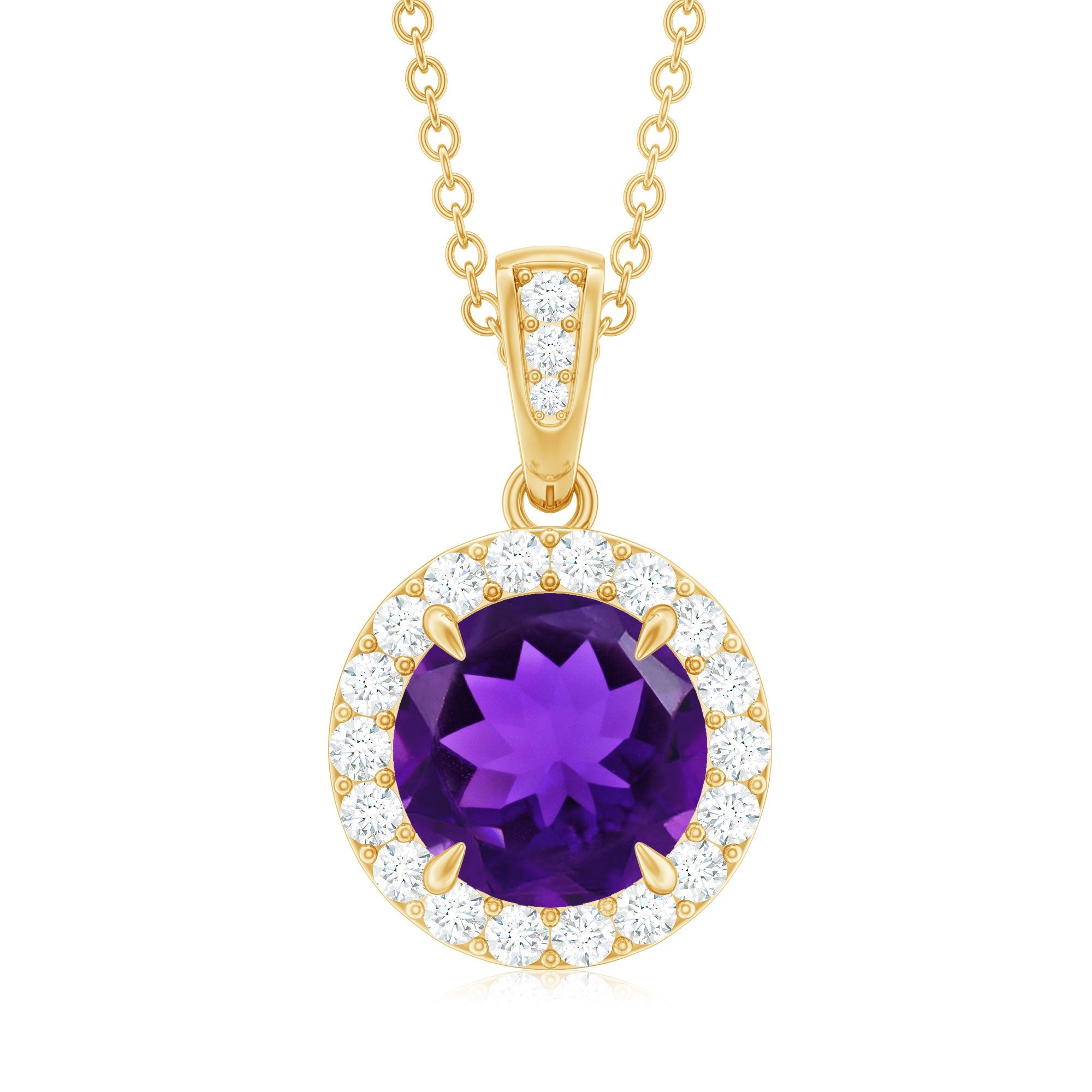 Natural 2 Carat Amethyst Pendant Necklace with Diamond Halo
