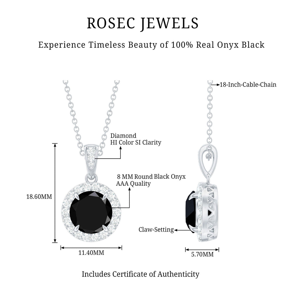Real 2 Carat Black Onyx Pendant Necklace with Diamond Halo
