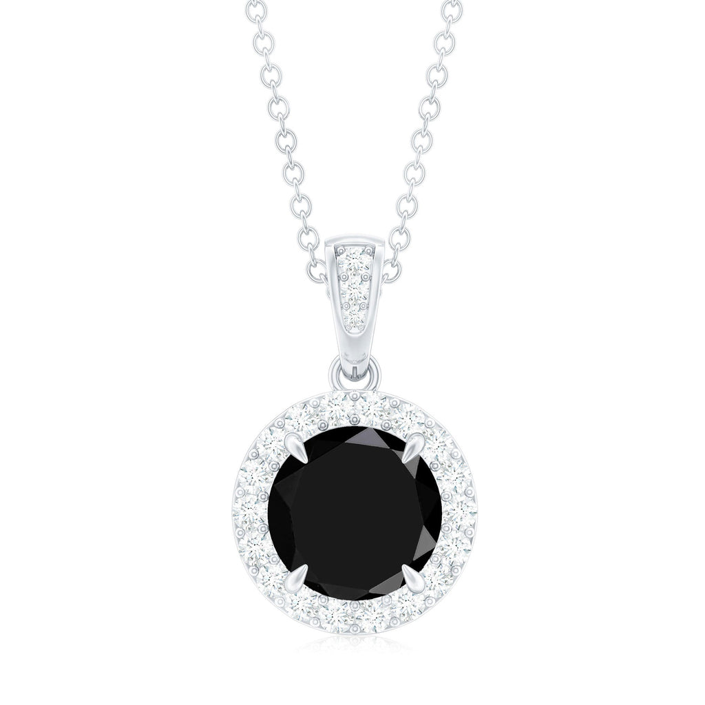Real 2 Carat Black Onyx Pendant Necklace with Diamond Halo