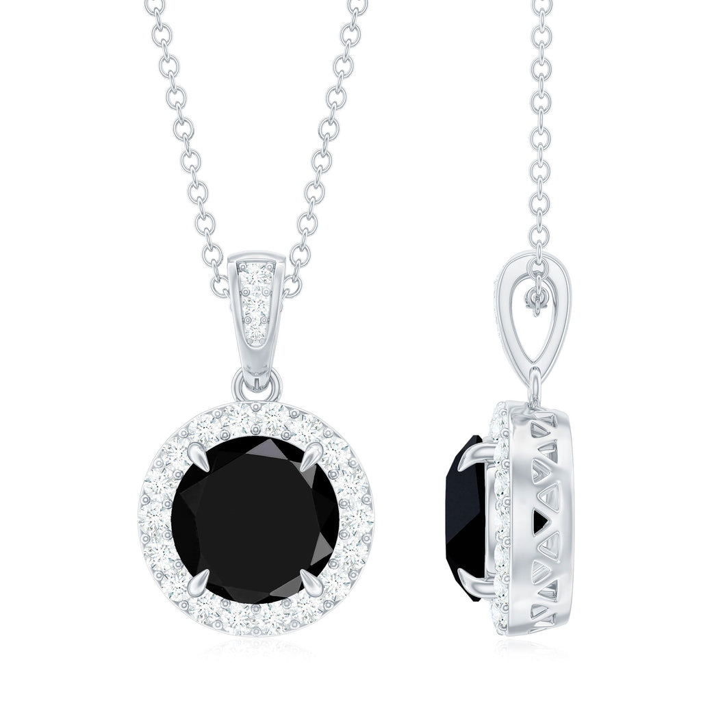 Real 2 Carat Black Onyx Pendant Necklace with Diamond Halo