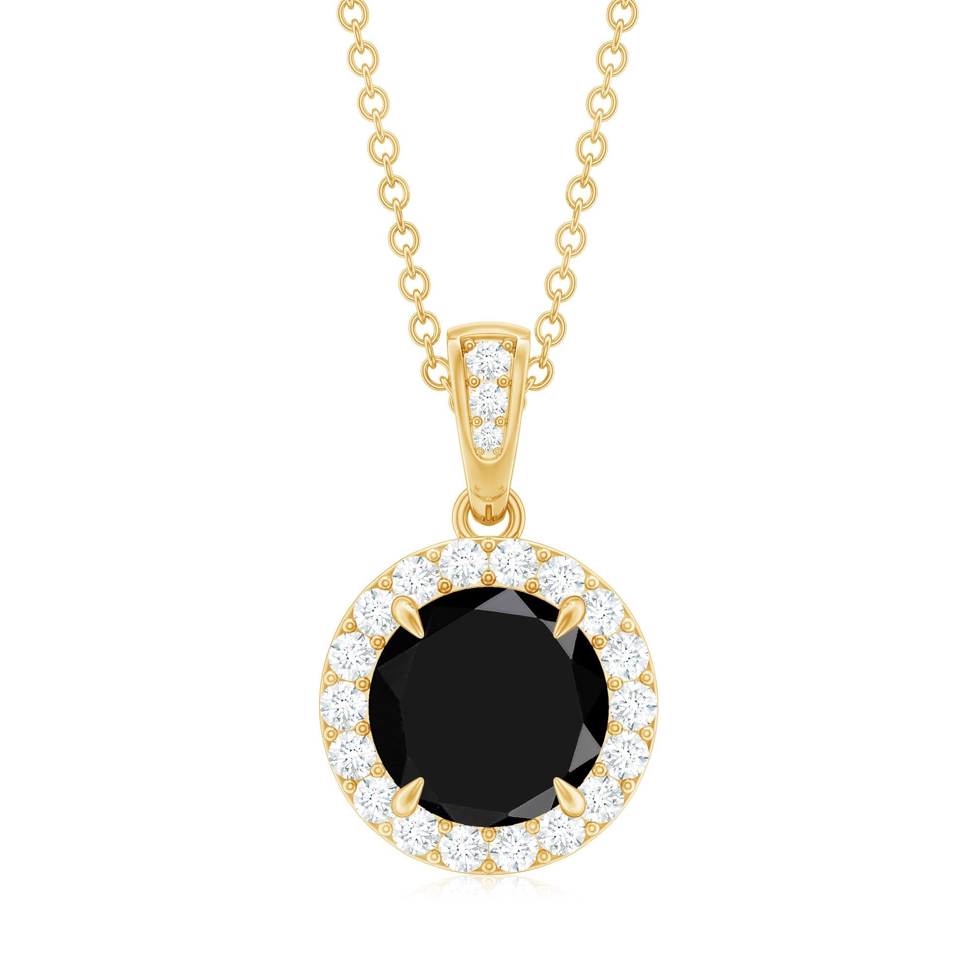 Real 2 Carat Black Onyx Pendant Necklace with Diamond Halo