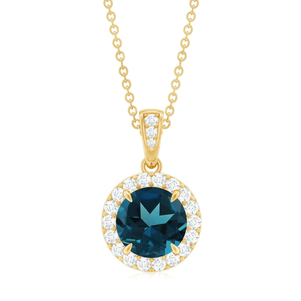 London Blue Topaz Round Halo Pendant with Diamond