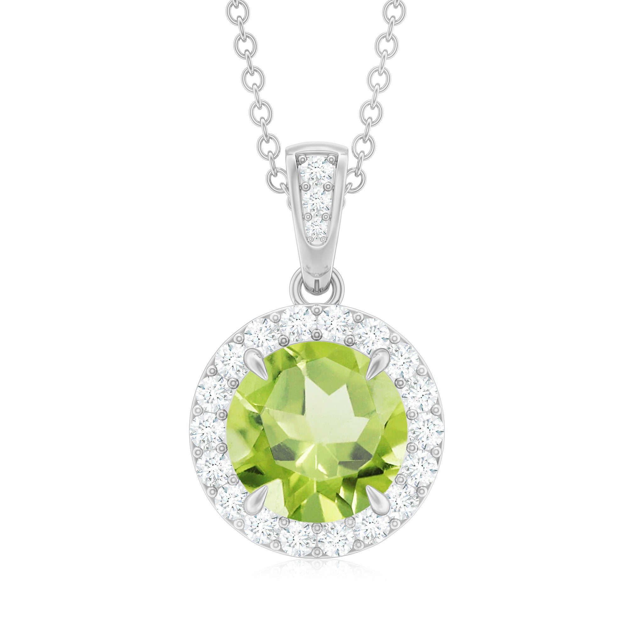 Claw Set Round Peridot and Diamond Halo Pendant