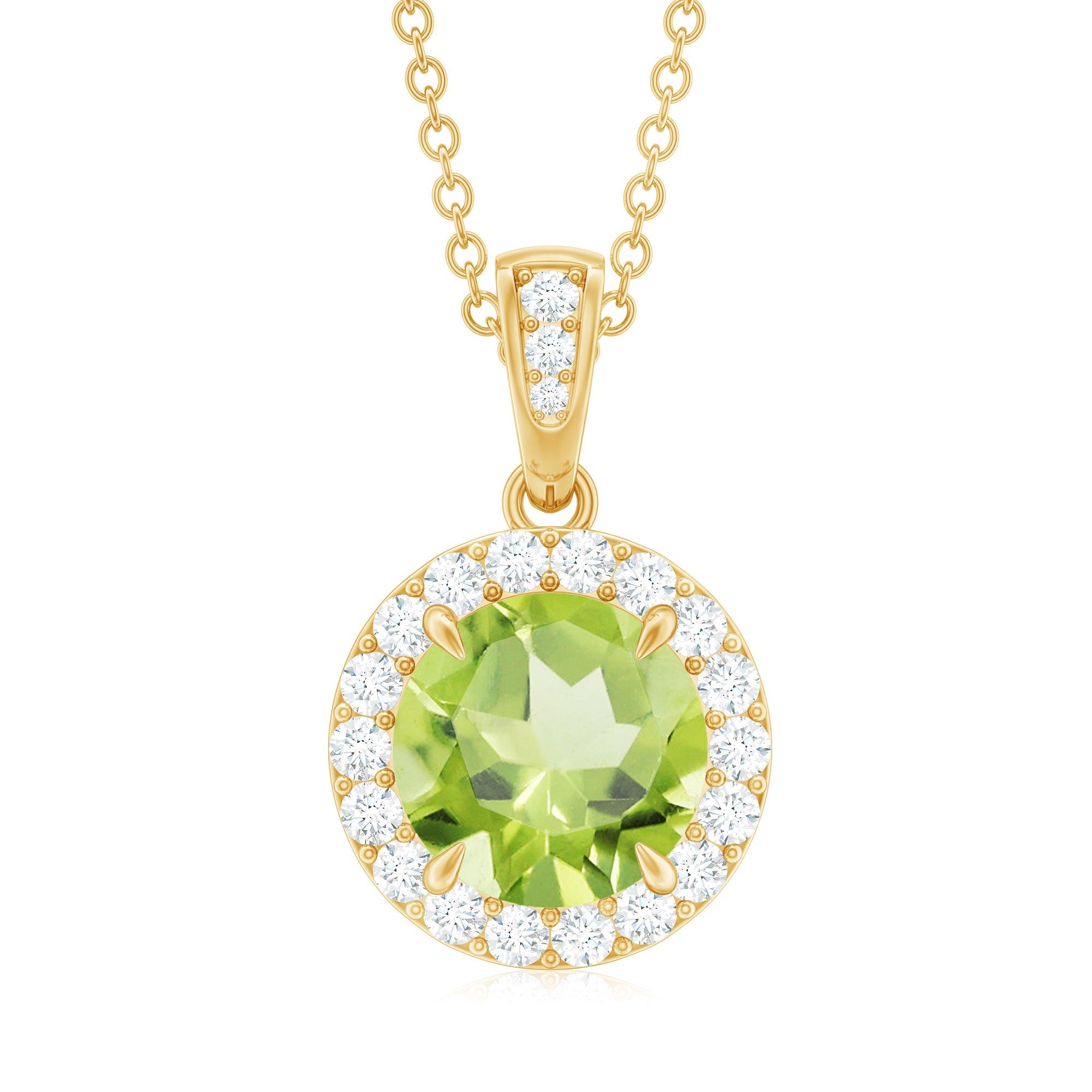 Claw Set Round Peridot and Diamond Halo Pendant