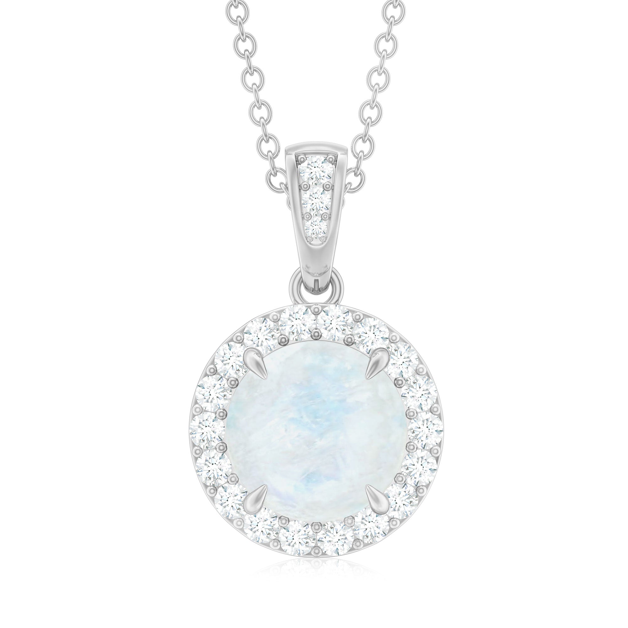 Minimal Round Moonstone Halo Pendant with Diamond