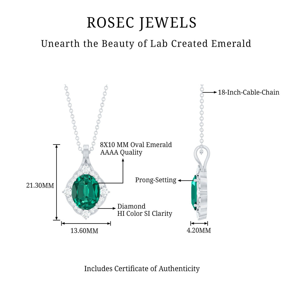 Vintage Style Oval Halo Pendant with Created Emerald and Diamond