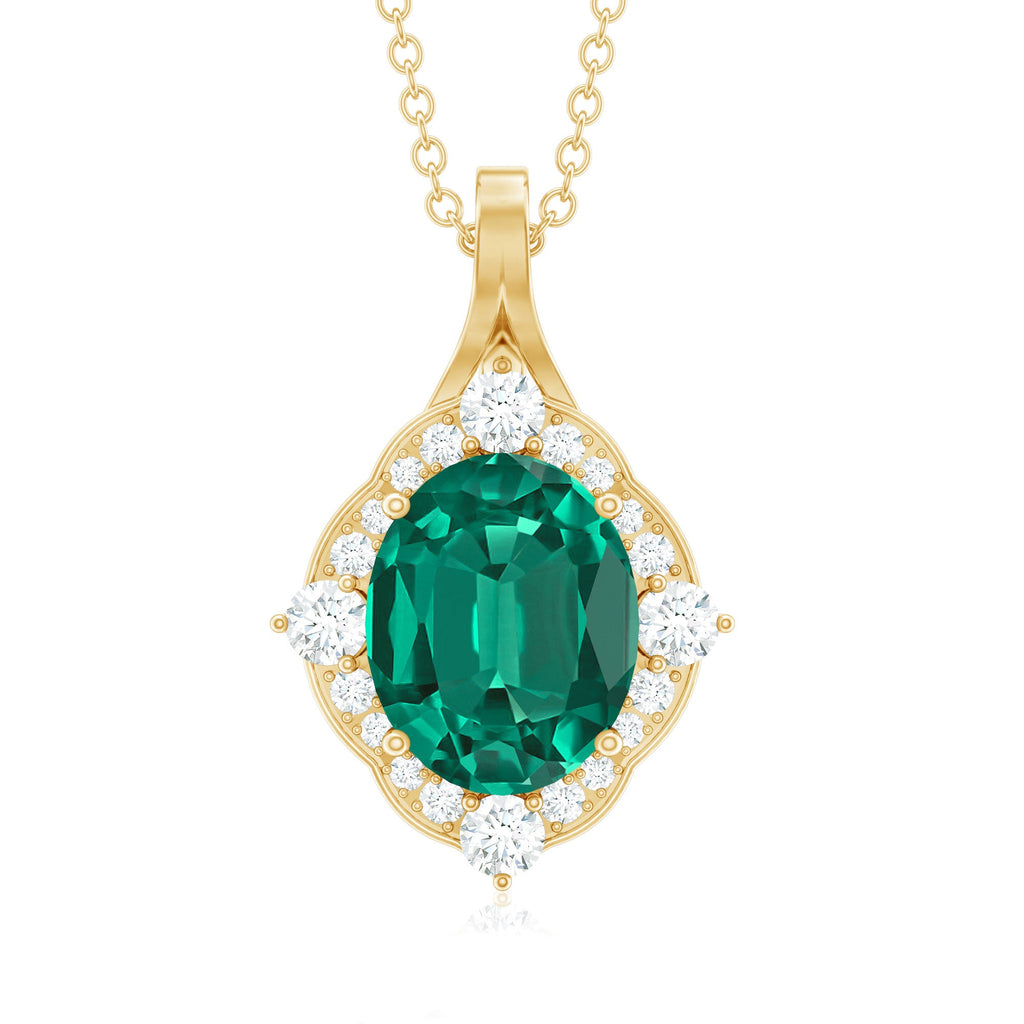 Vintage Style Oval Halo Pendant with Created Emerald and Diamond