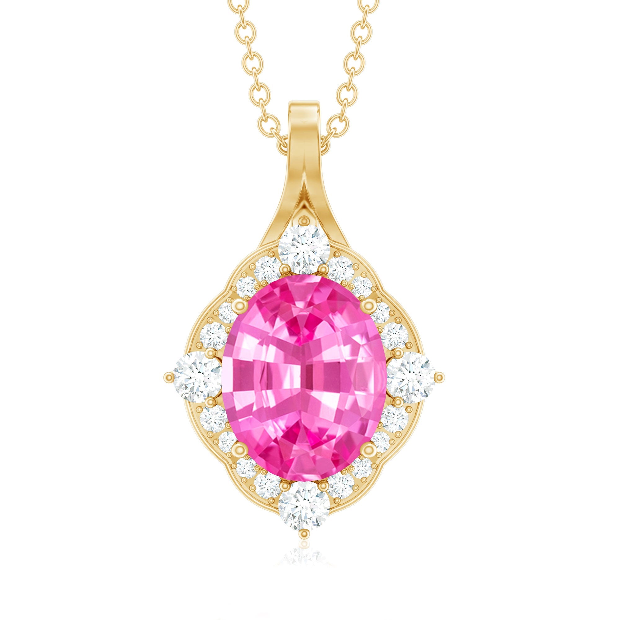 Oval Created Pink Sapphire Vintage Style Pendant with Diamond Halo