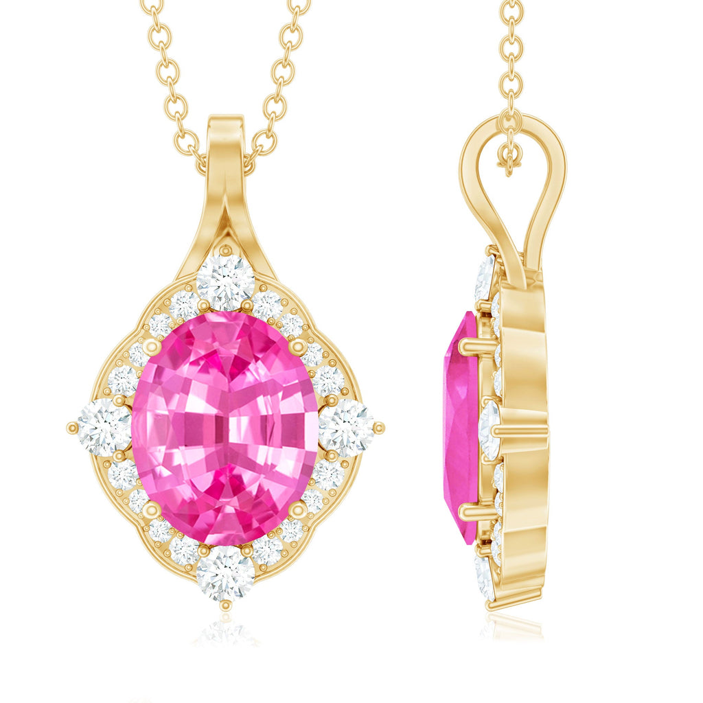 Oval Created Pink Sapphire Vintage Style Pendant with Diamond Halo