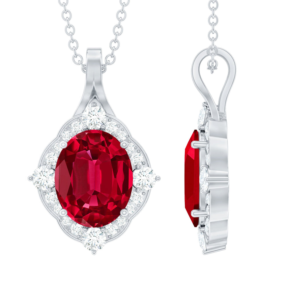 4 Carat Lab Grown Ruby Vintage Inspired Necklace with Diamond Halo