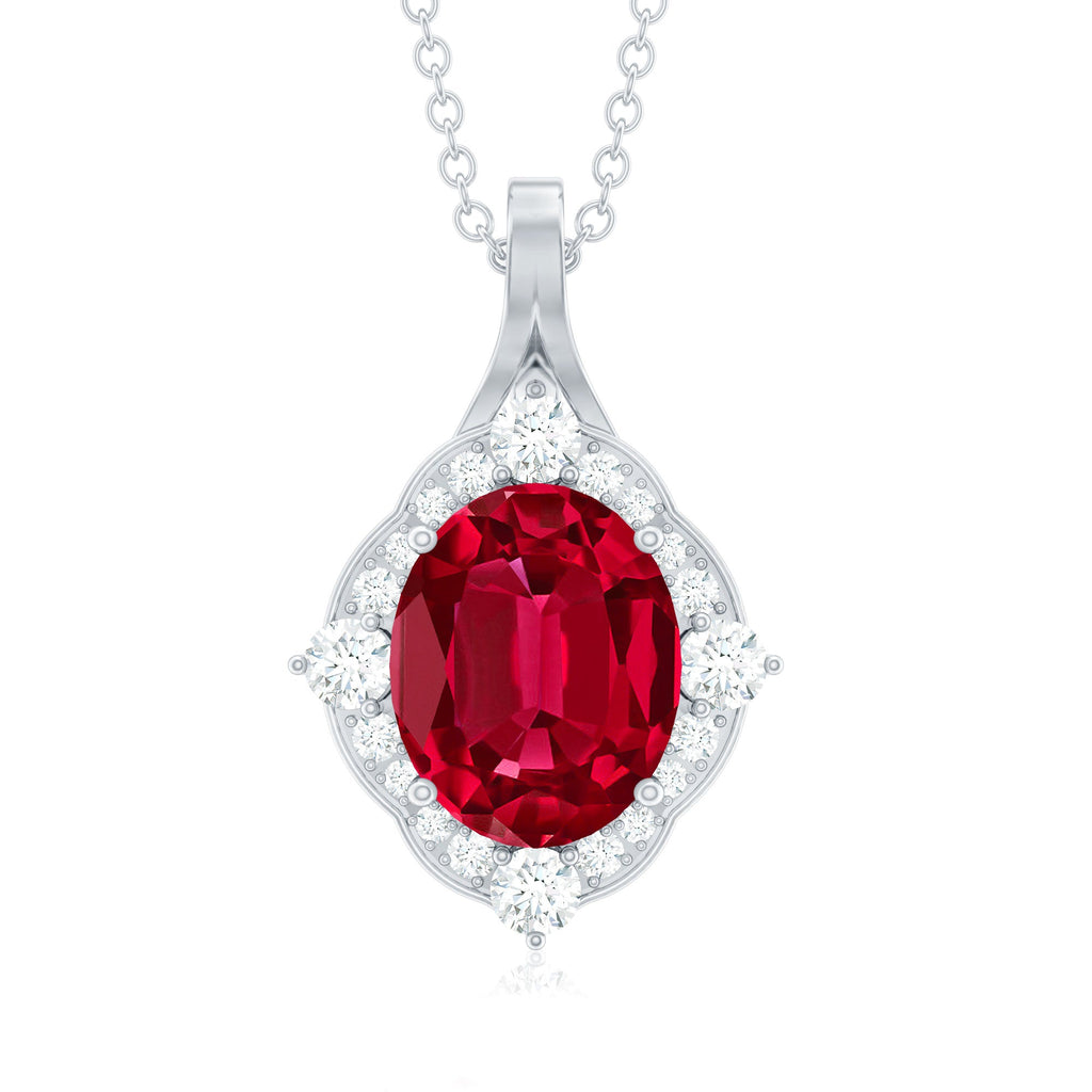 4 Carat Lab Grown Ruby Vintage Inspired Necklace with Diamond Halo